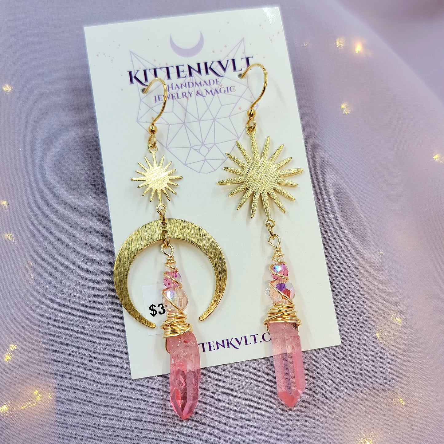 Ethereal Pink Quartz Celestial Moon Star Earrings