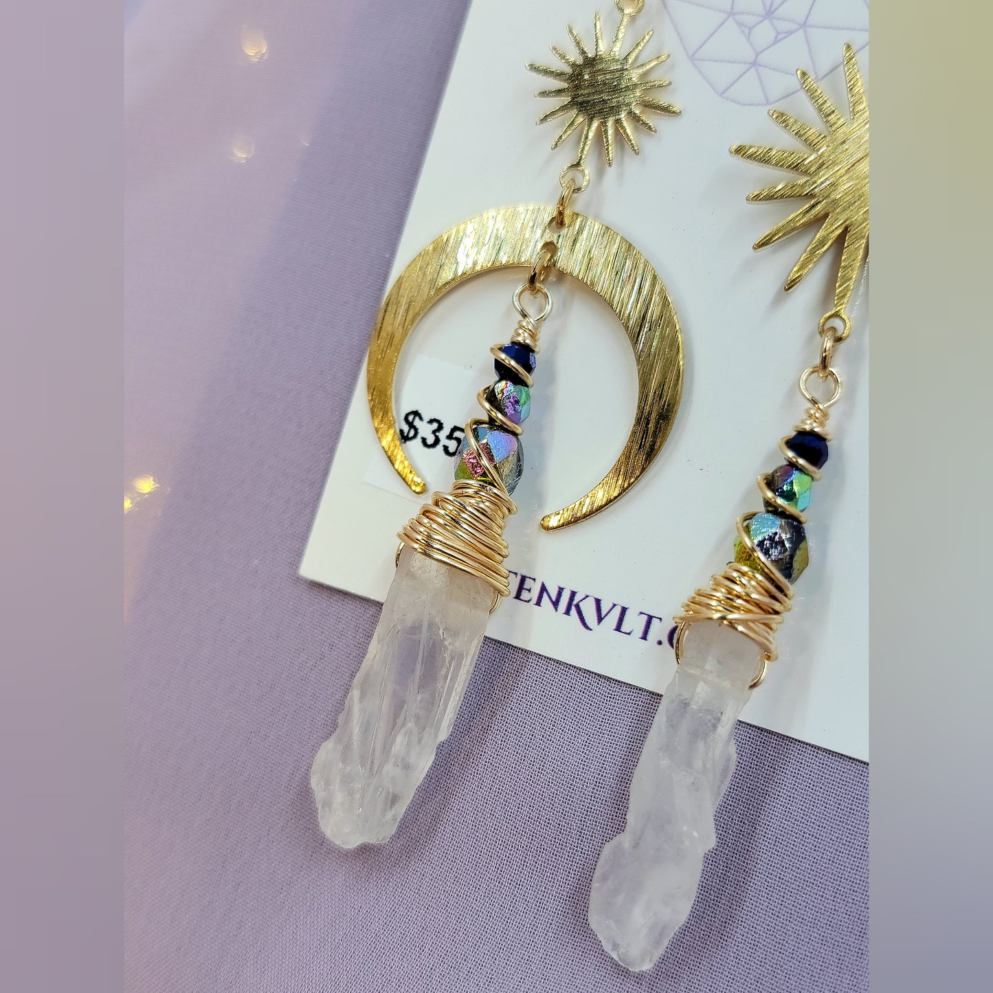 Ethereal Quartz Celestial Rainbow Moon Star Earrings