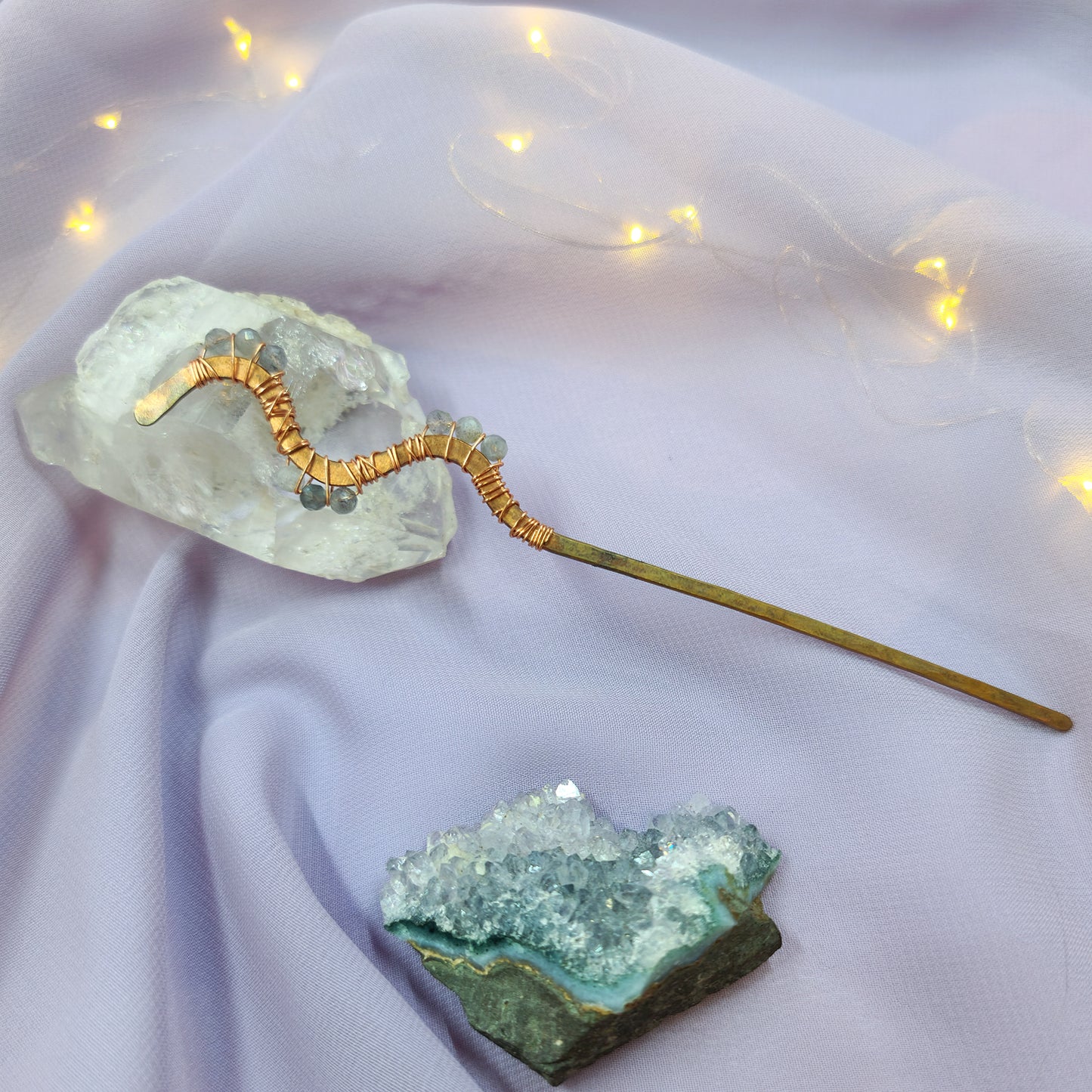 Labradorite Hammered Copper Squiggle Hair Stick