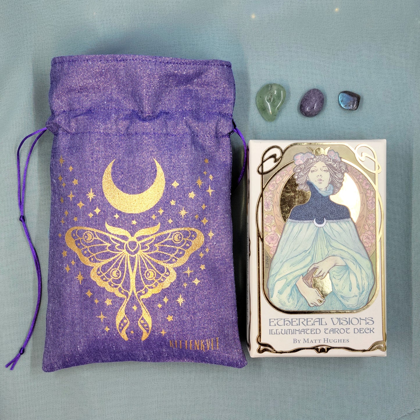 Mystical Witchy Celestial Luna Moth Moon Tarot Oracle Pouch Sparkly Fabric