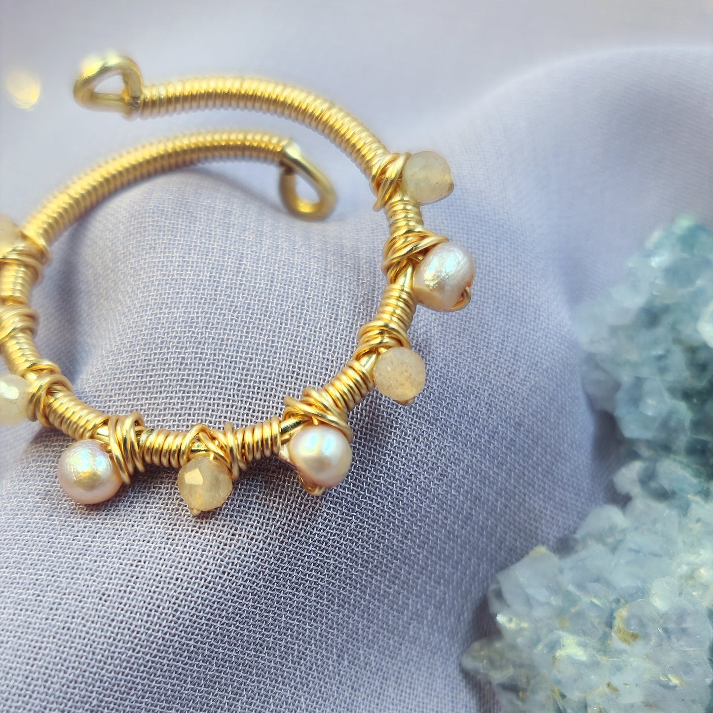 Ethereal Fairy Peach Moonstone & Pearl Adjustable Ring