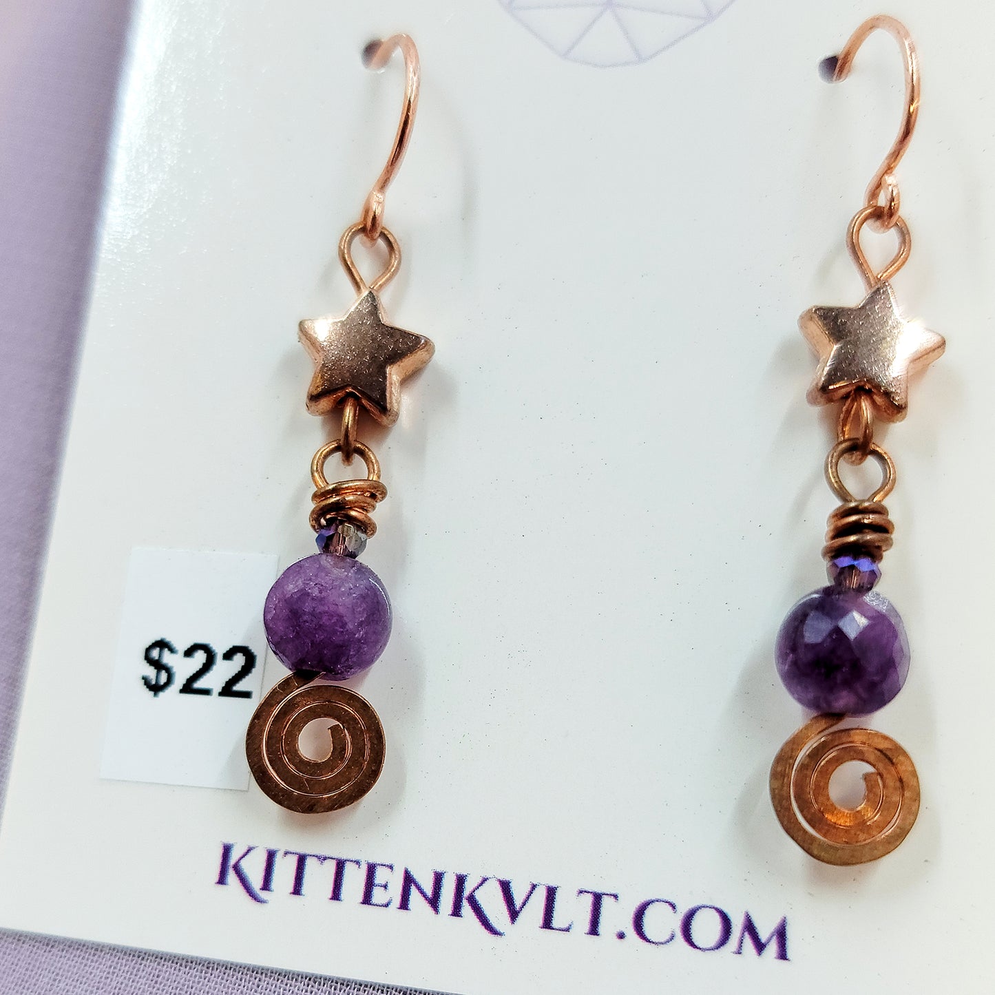 Celestial Witchy Amethyst Earrings, Copper Crystal Dainty Ethereal Fairy Amethyst Earrings