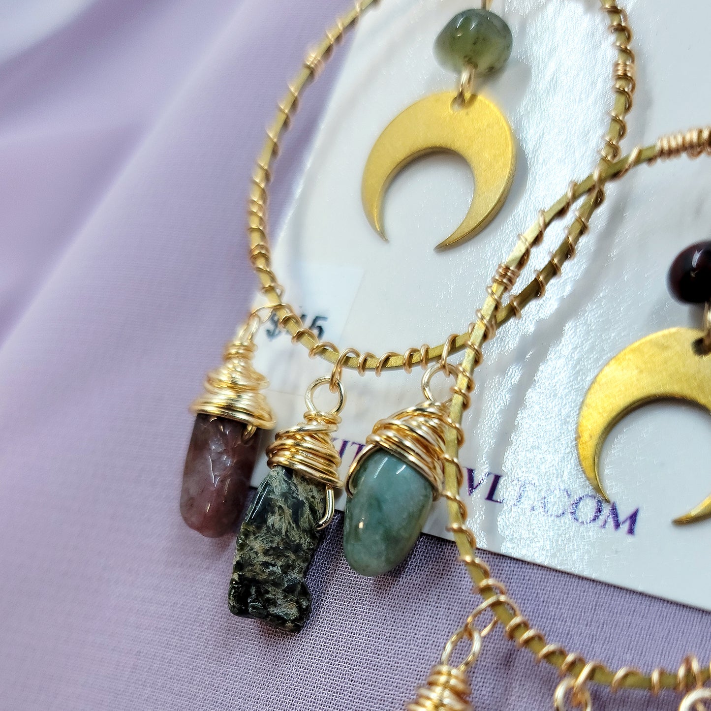 Ocean Jasper Moon Hoop Earrings Hammered Brass