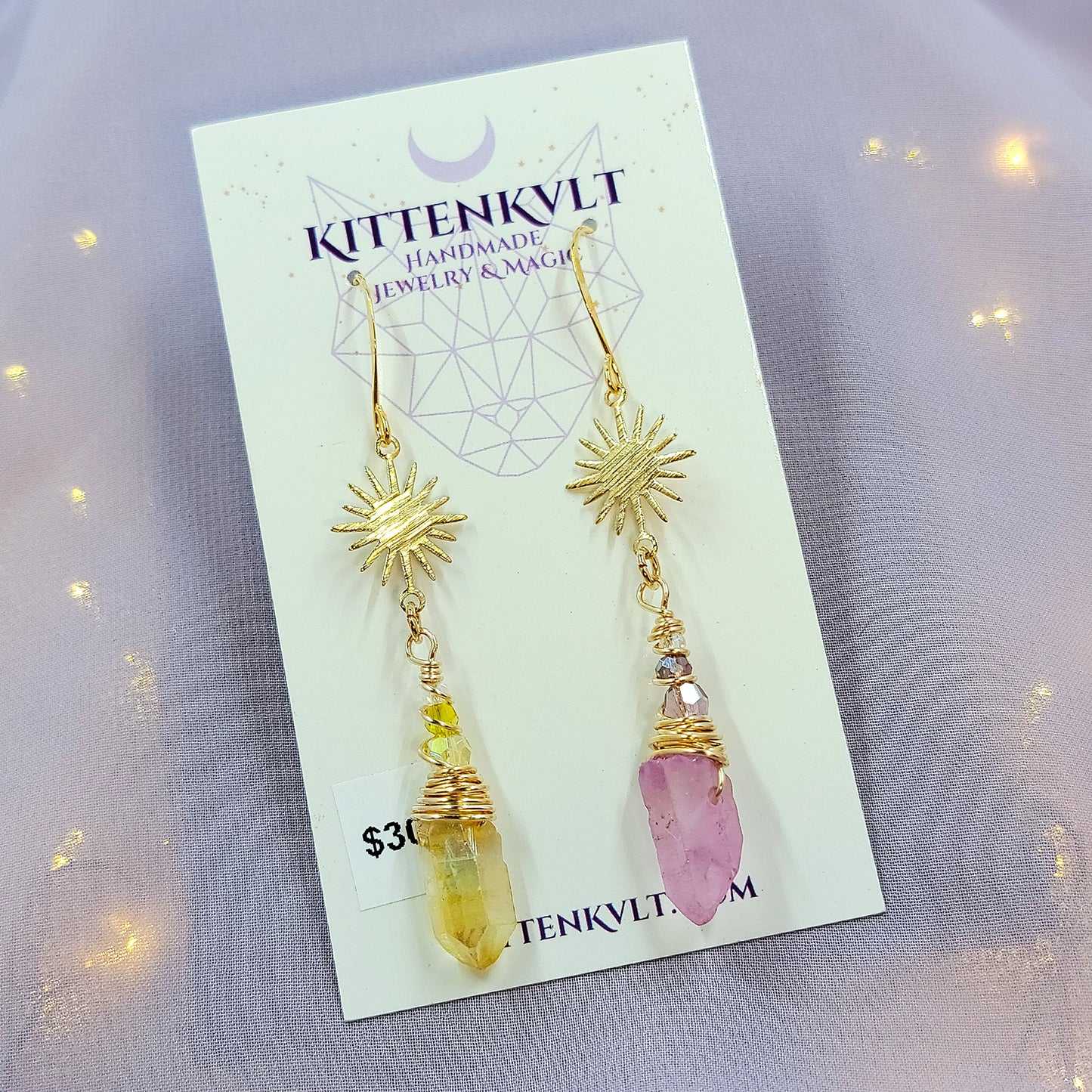 Ethereal Witchy Mismatch Aura Quartz Celestial Sun Star Earrings