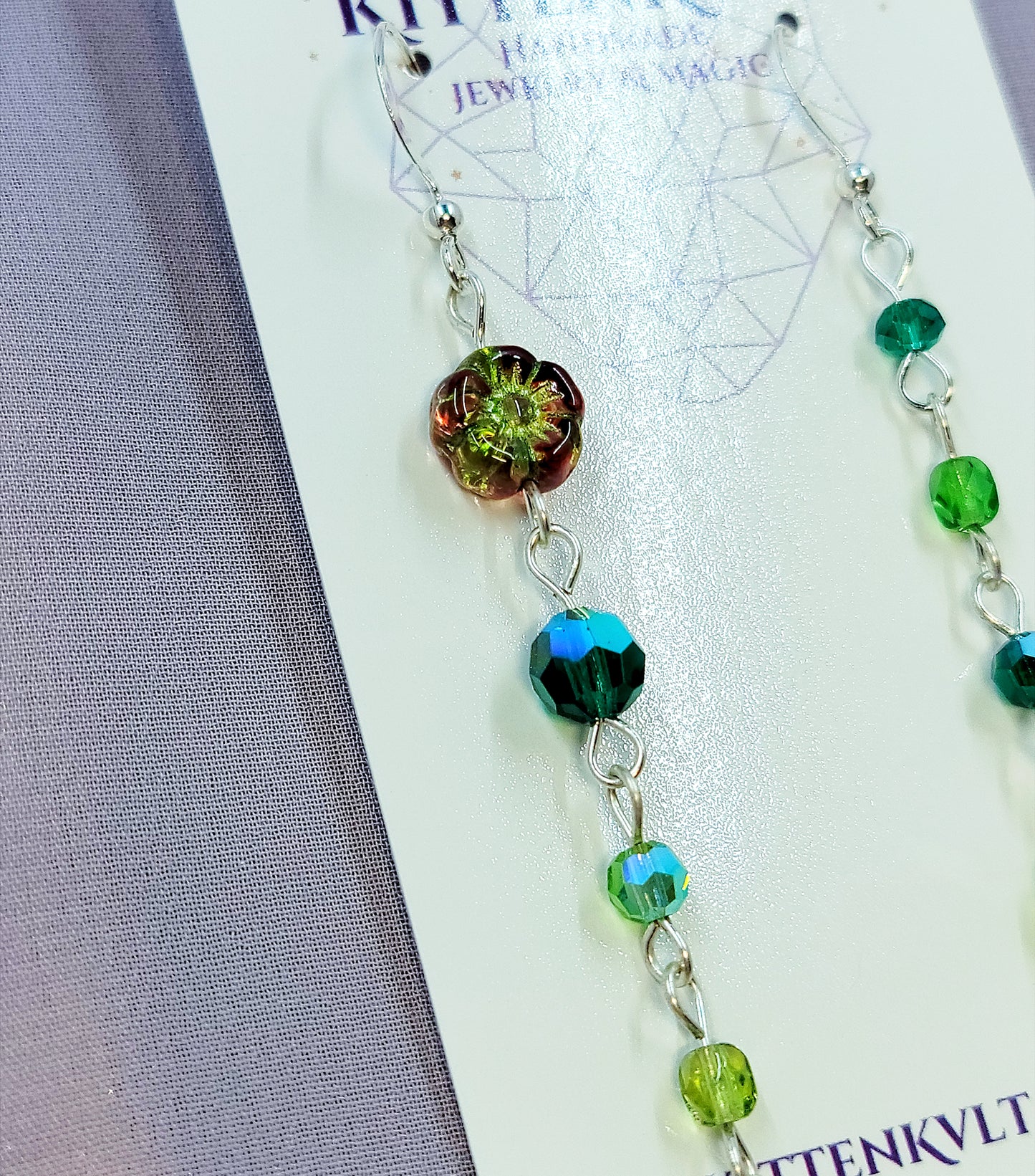 Czech Glass Cottage Witch Fairy Flower & Leaf Earrings