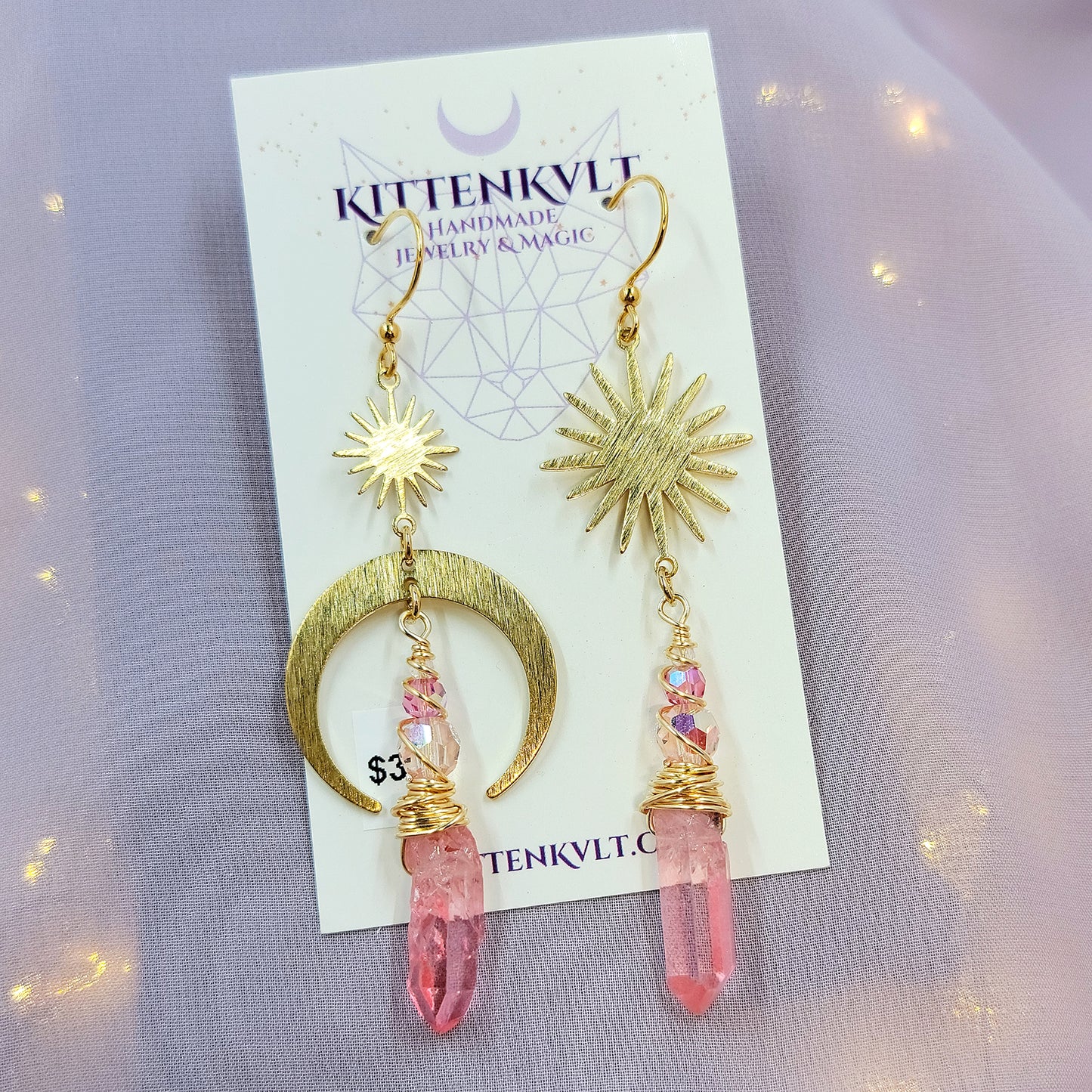 Ethereal Pink Quartz Celestial Moon Star Earrings