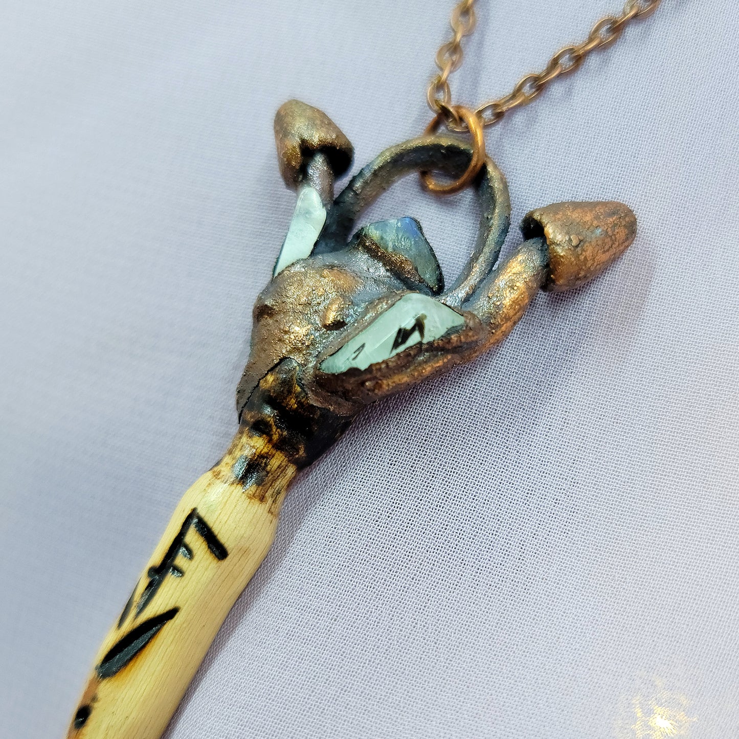 Hand Carved Wand Labradorite Mushroom Electroformed Copper Necklace
