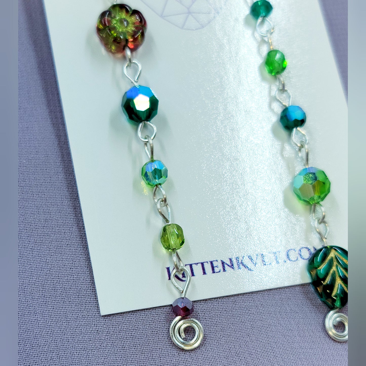 Czech Glass Cottage Witch Fairy Flower & Leaf Earrings