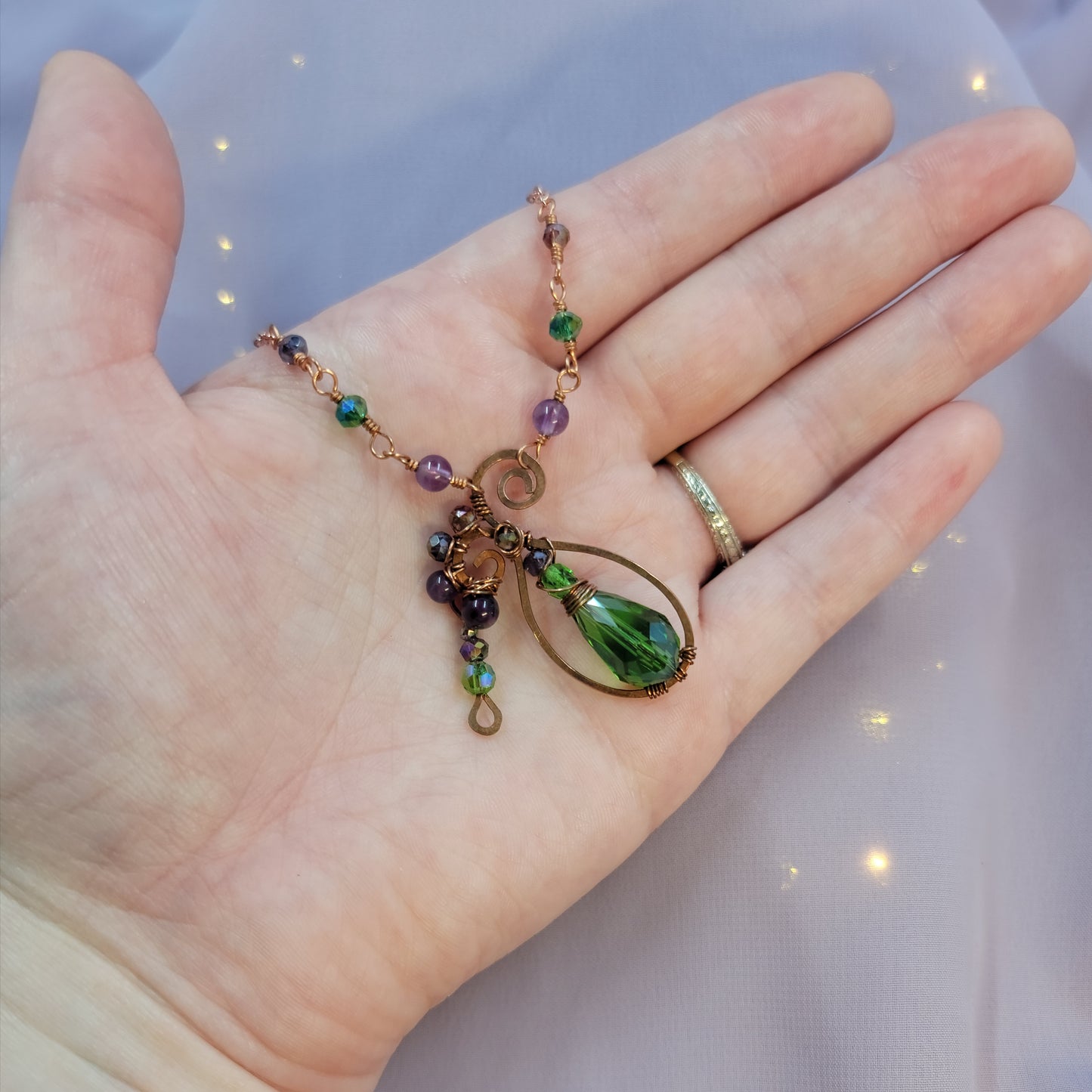 Amethyst & Sun Catcher Glass Poison Bottle Hammered Copper Necklace