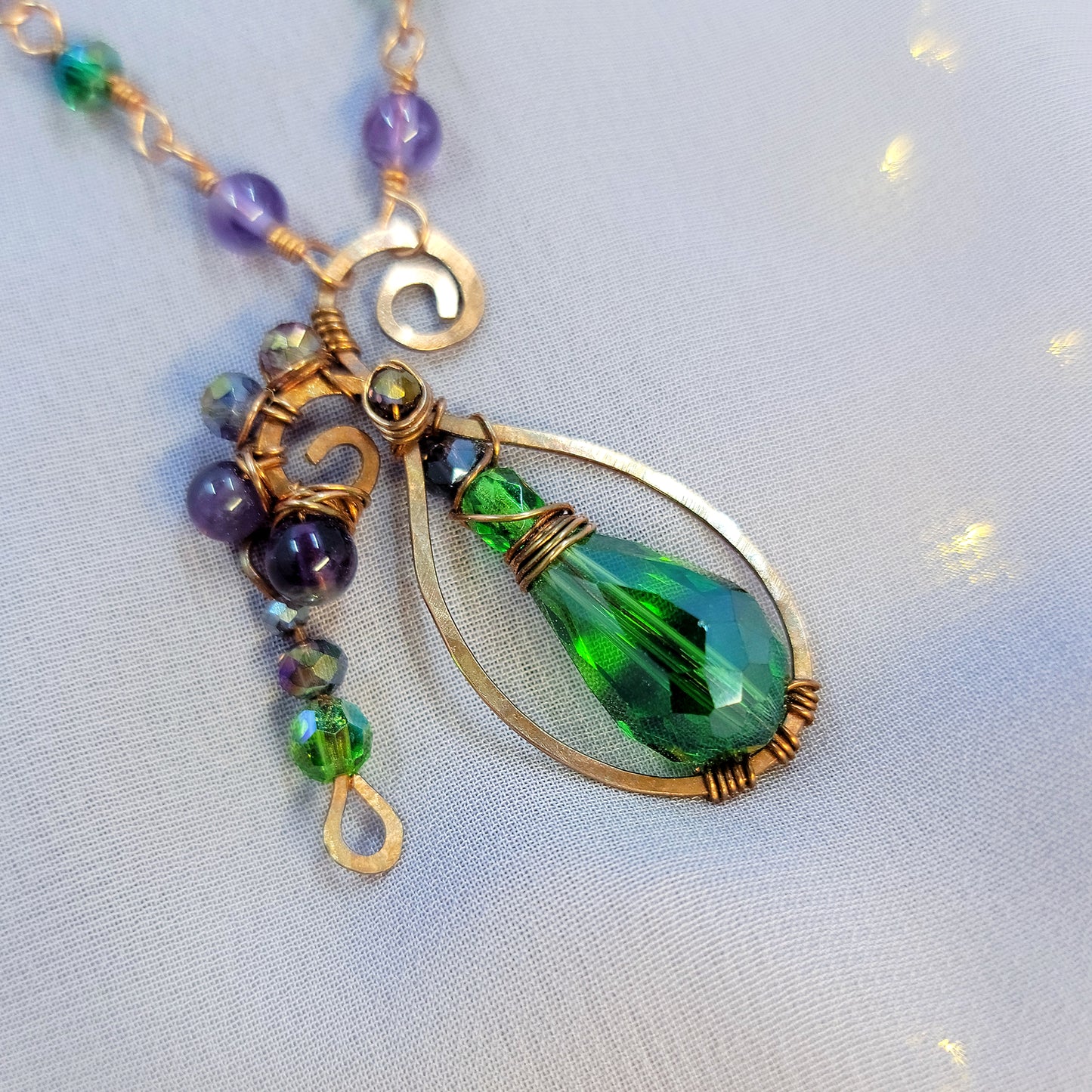 Amethyst & Sun Catcher Glass Poison Bottle Hammered Copper Necklace