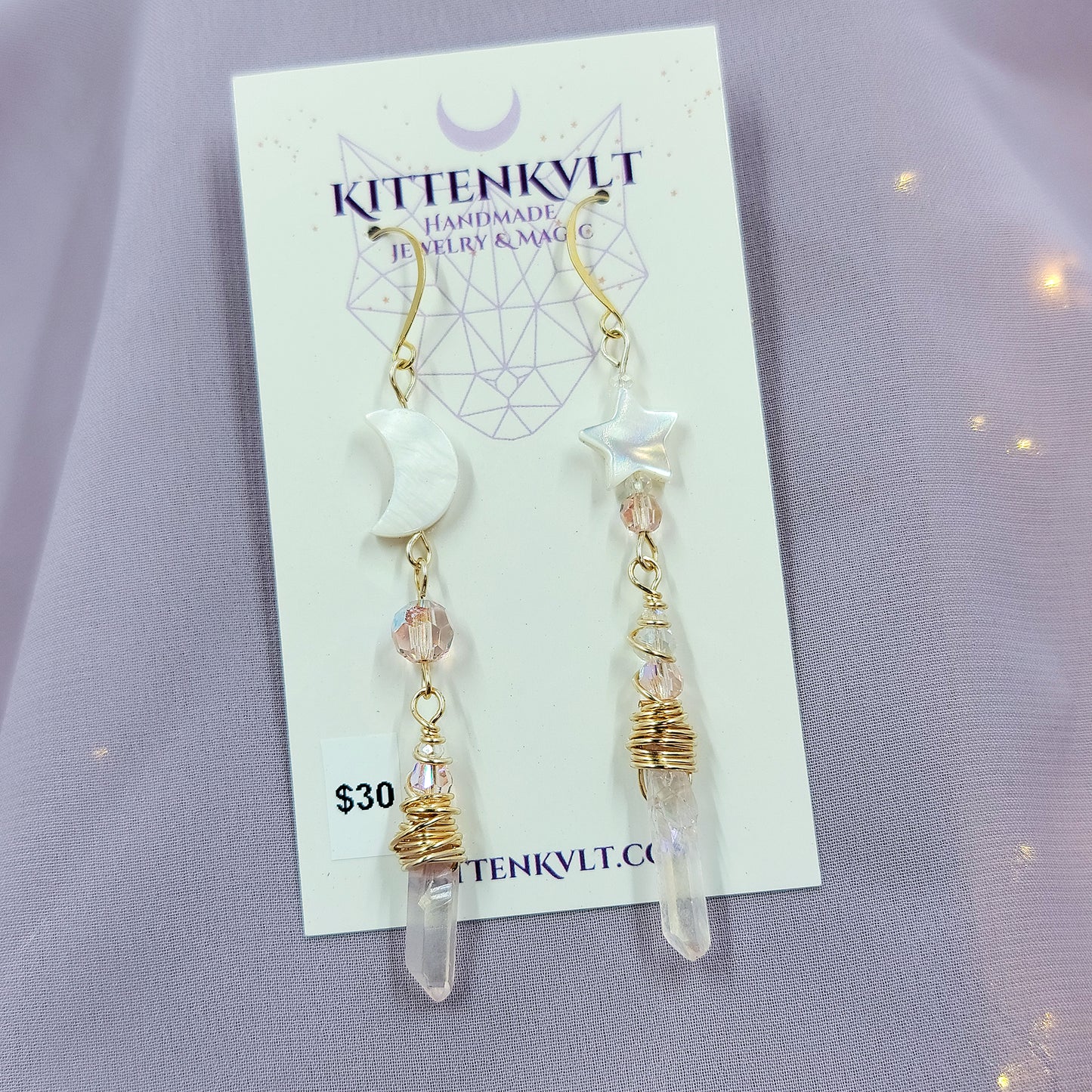 Pink Aura Quartz Celestial Shell Earrings