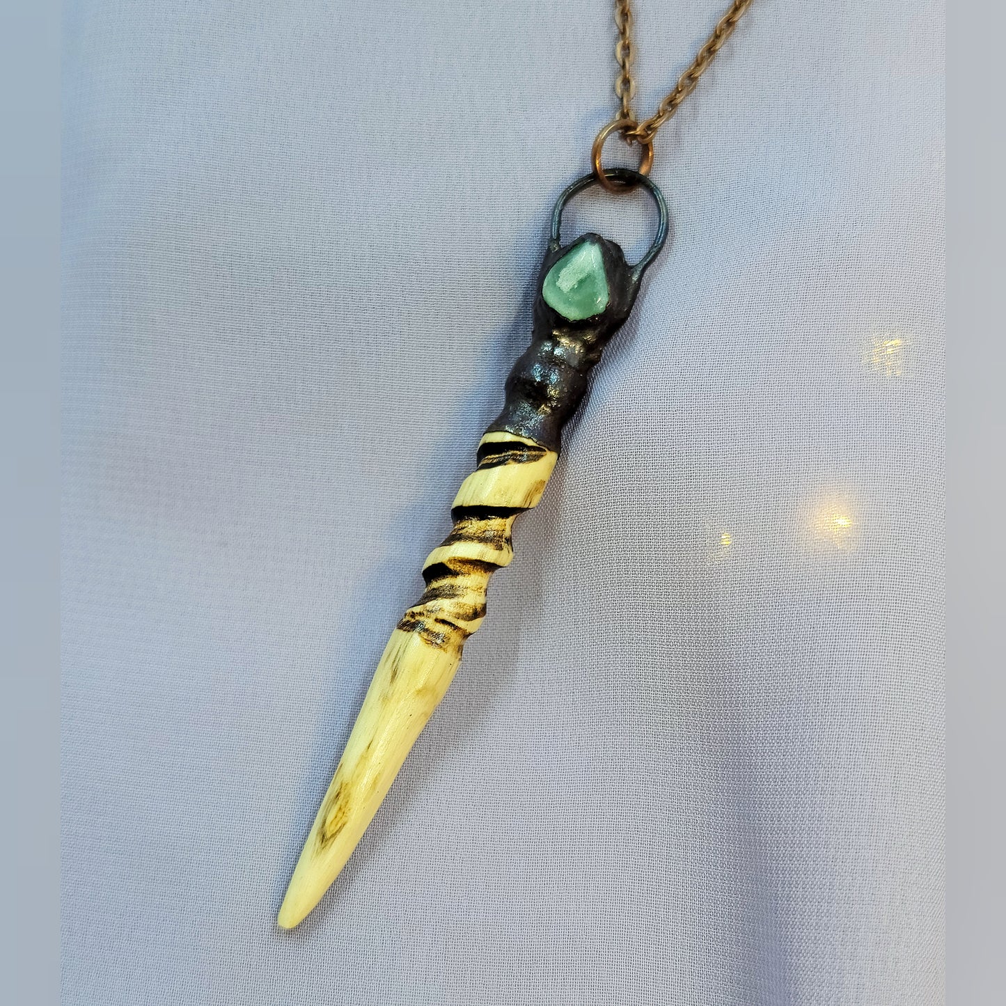 Hand Carved Ash Wood, Copper & Green Aventurine Wand Necklace
