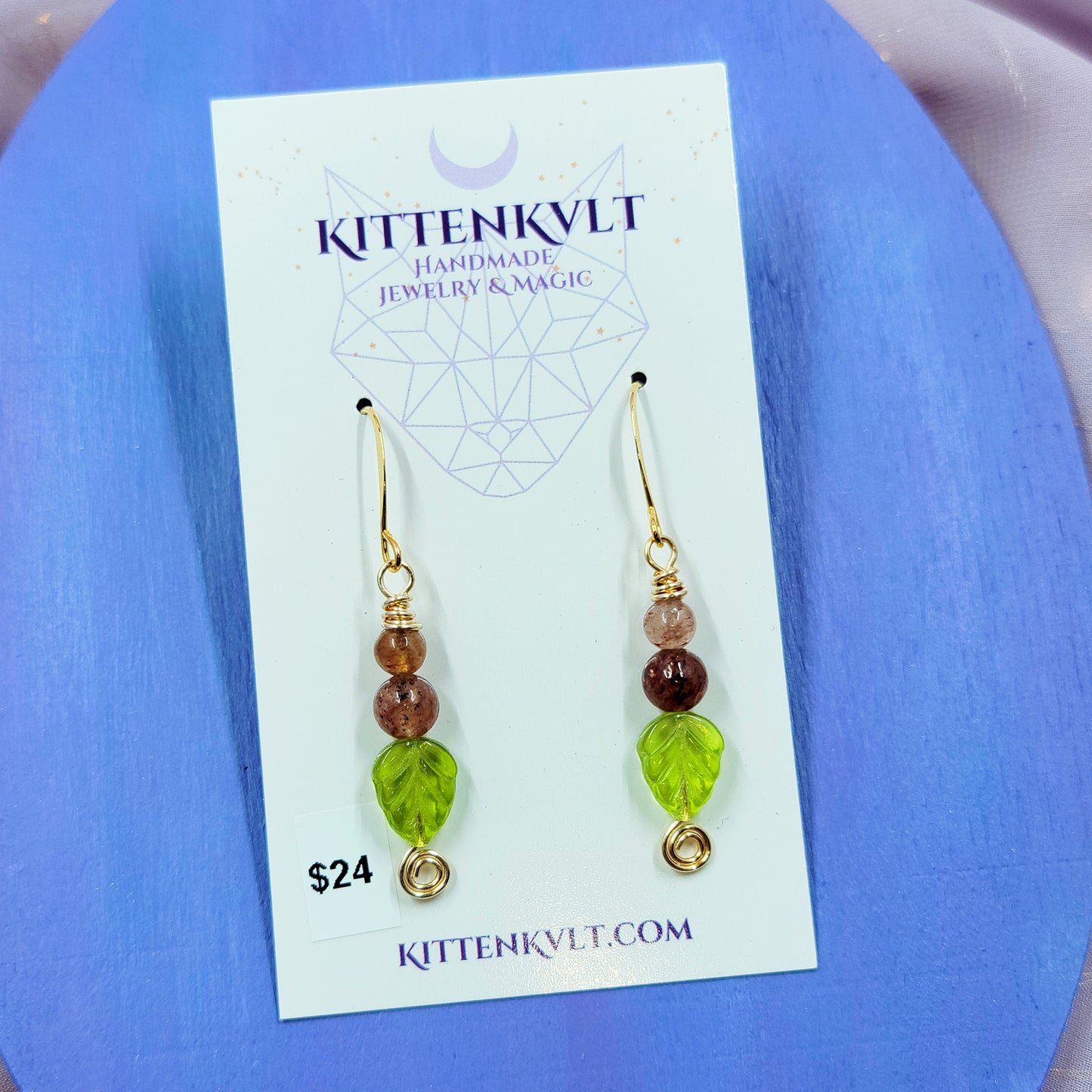 Earthy Fairy Strawberry Quartz Leaf Earrings