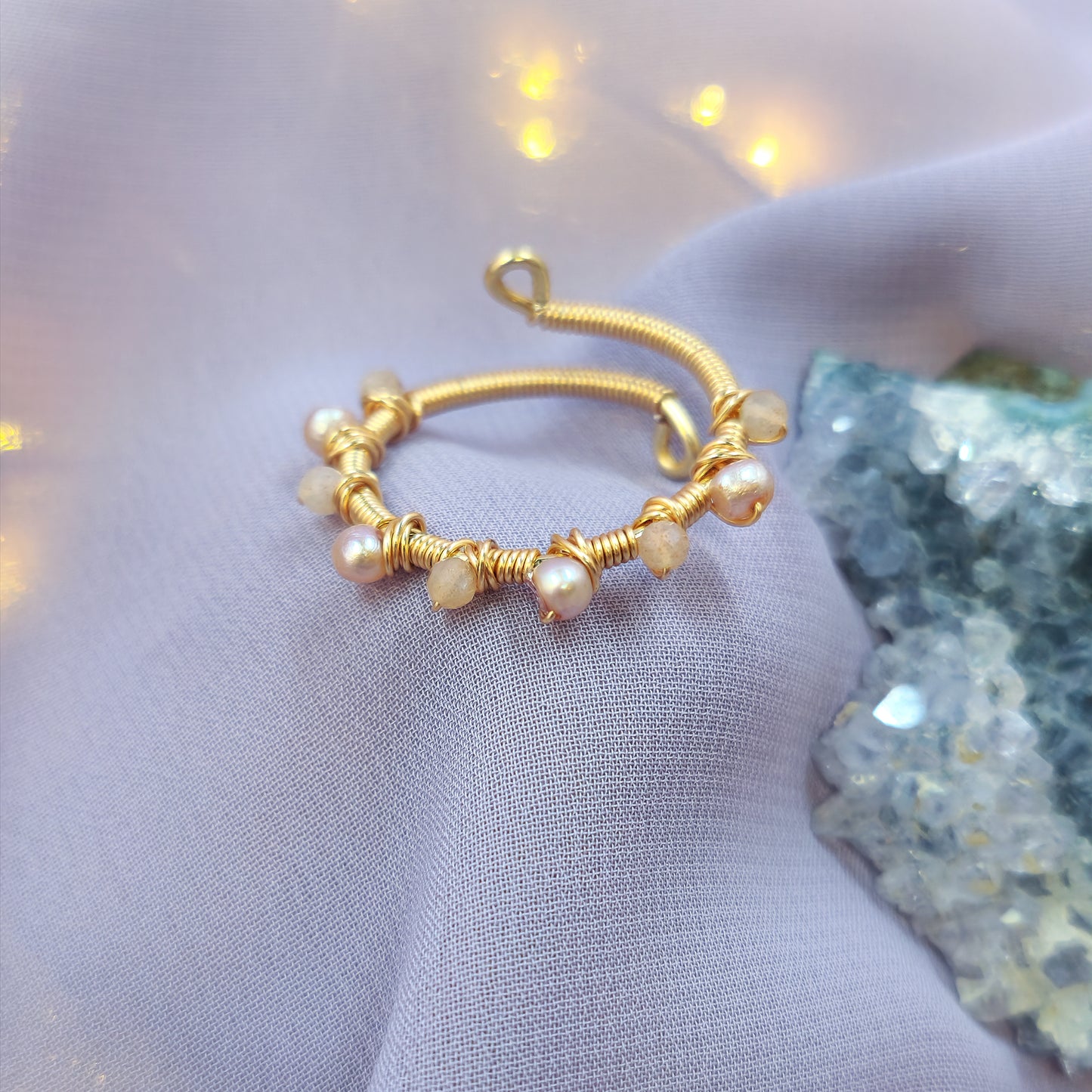 Ethereal Fairy Peach Moonstone & Pearl Adjustable Ring