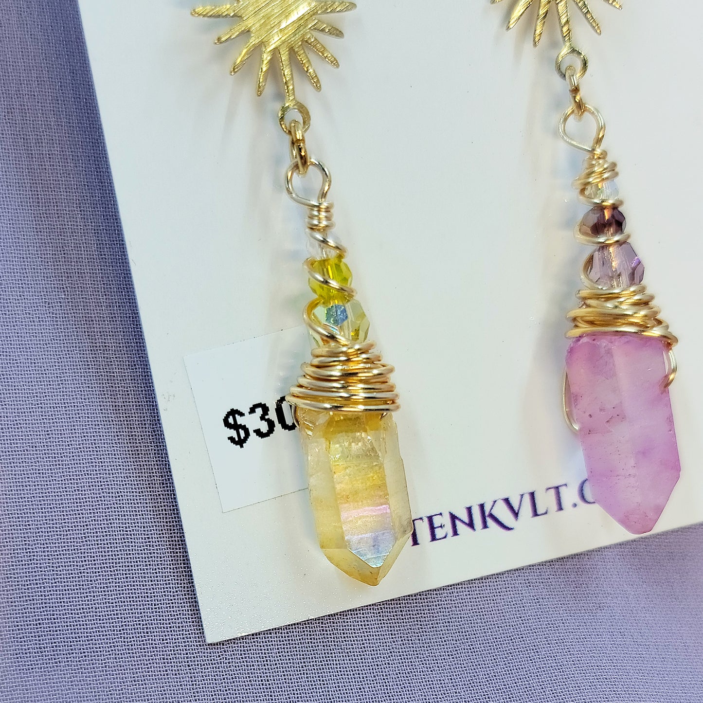 Ethereal Witchy Mismatch Aura Quartz Celestial Sun Star Earrings