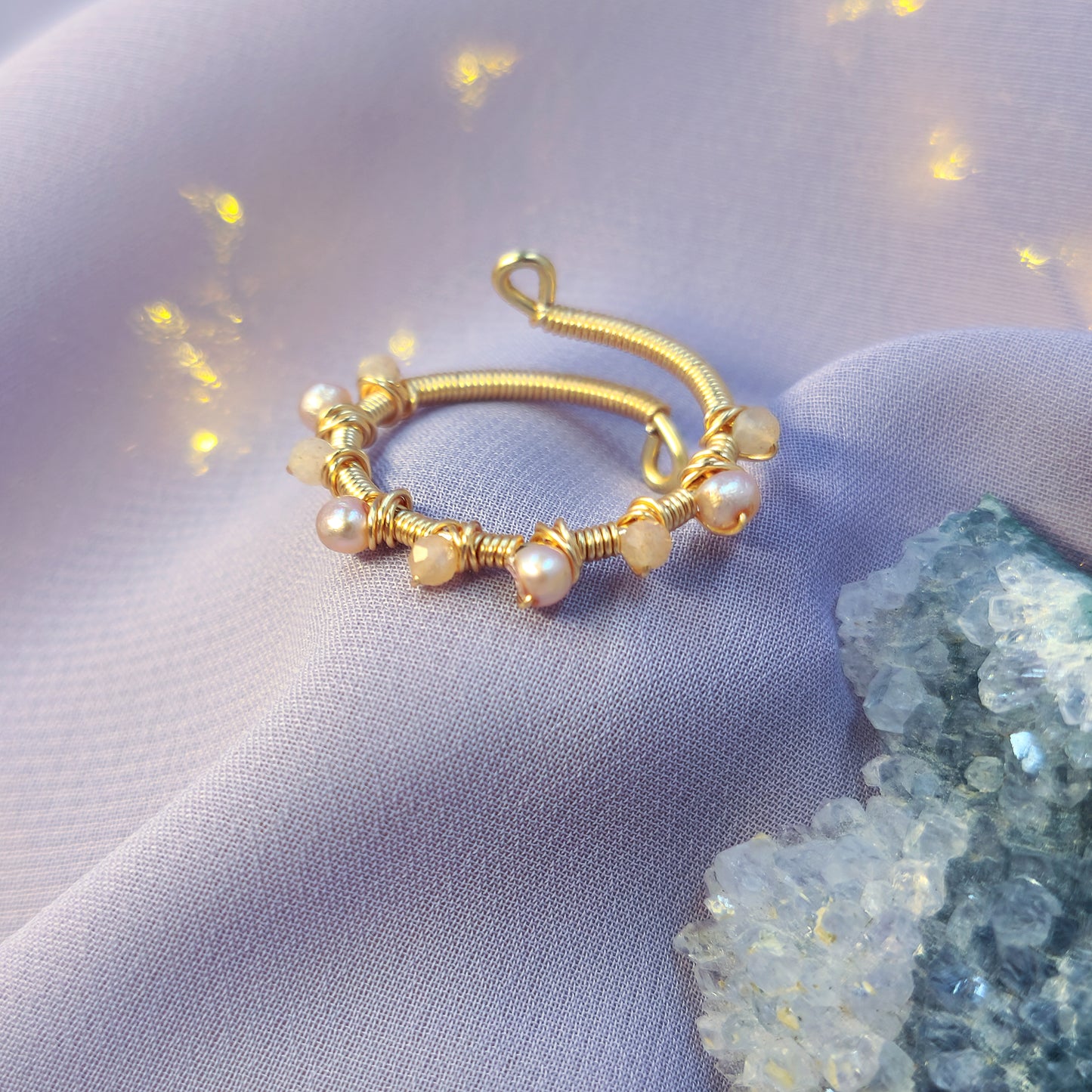 Ethereal Fairy Peach Moonstone & Pearl Adjustable Ring