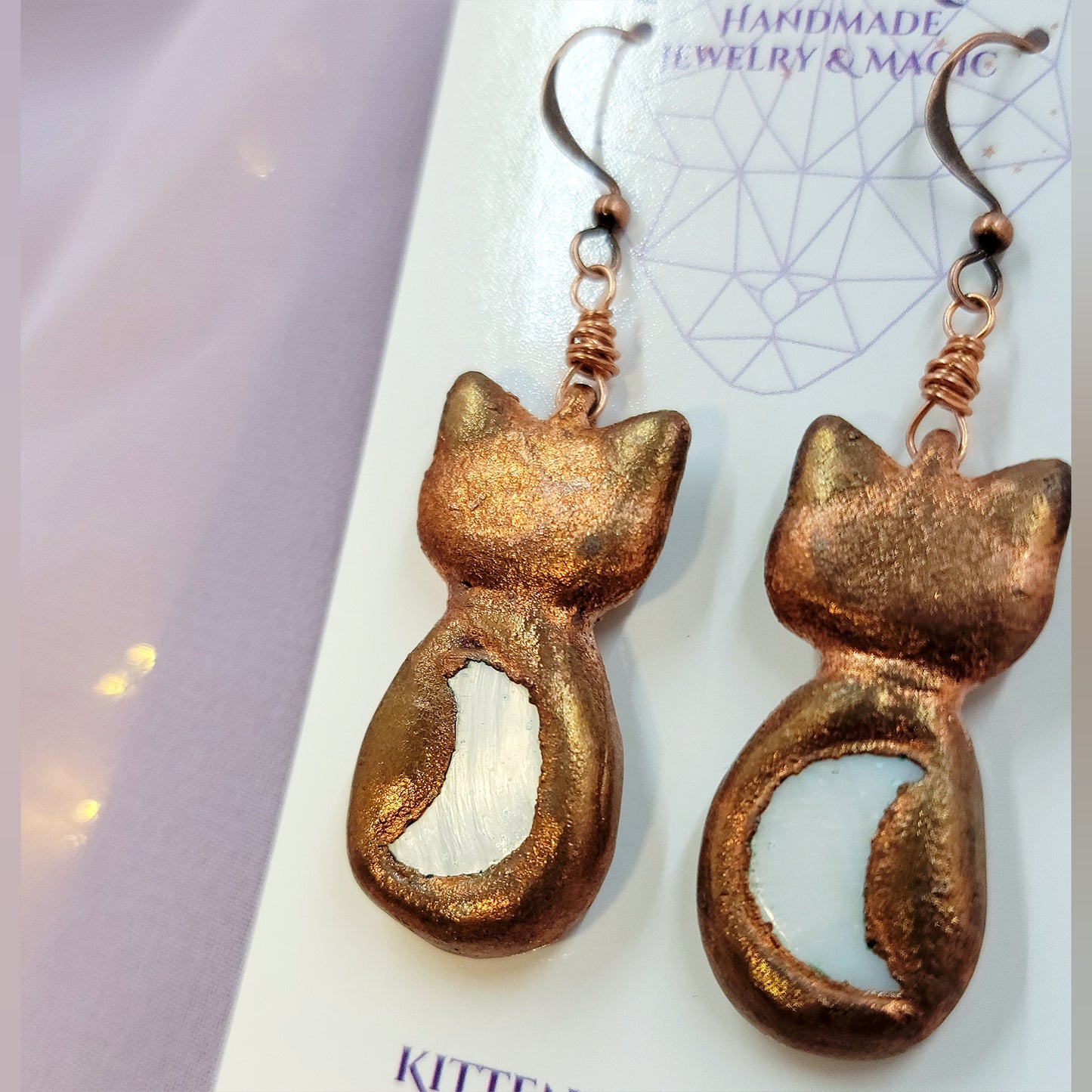 Electroformed Celestial Kitty Cat Copper & Mother of Pearl Shell Moon Earrings