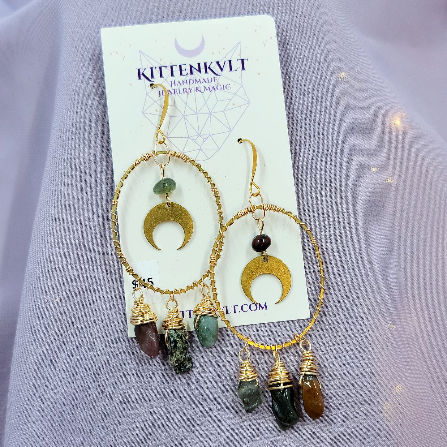 Ocean Jasper Moon Hoop Earrings Hammered Brass