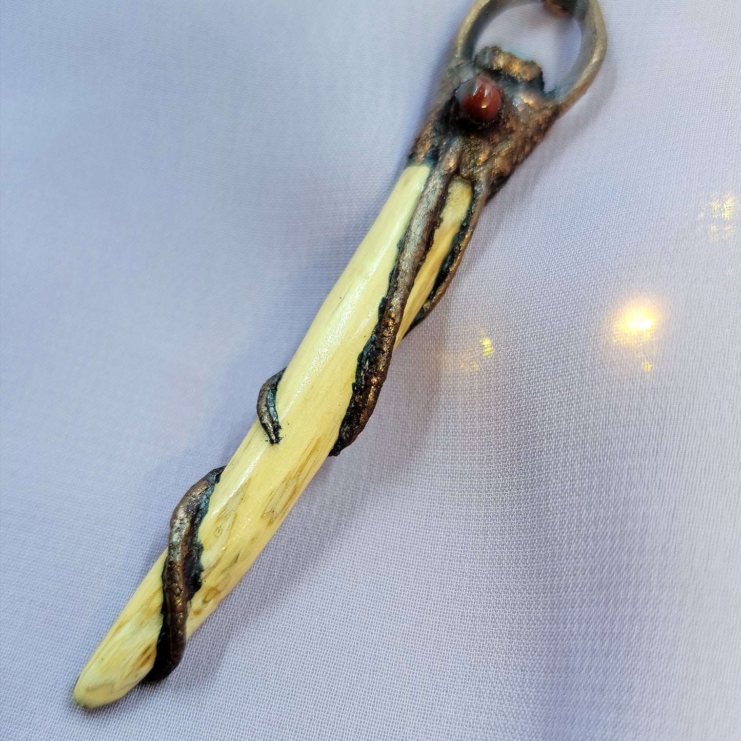Hand Carved Wood & Moss Agate Jasper Electroformed Copper Dragon Necklace