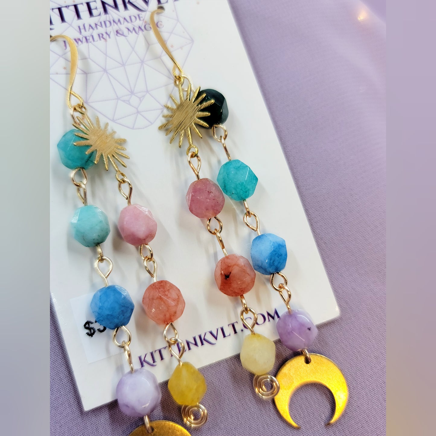 Celestial Rainbow Quartz Moon Star Earrings