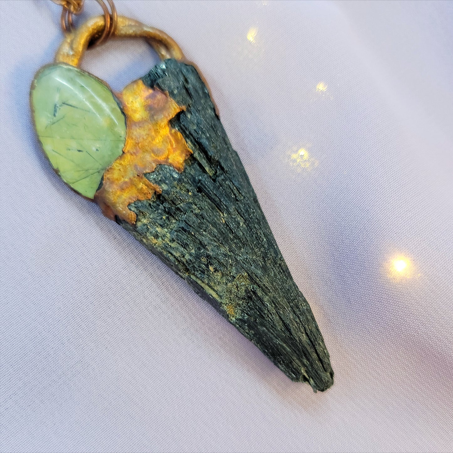 Black Kyanite & Prehnite Raven Electroformed Copper Necklace