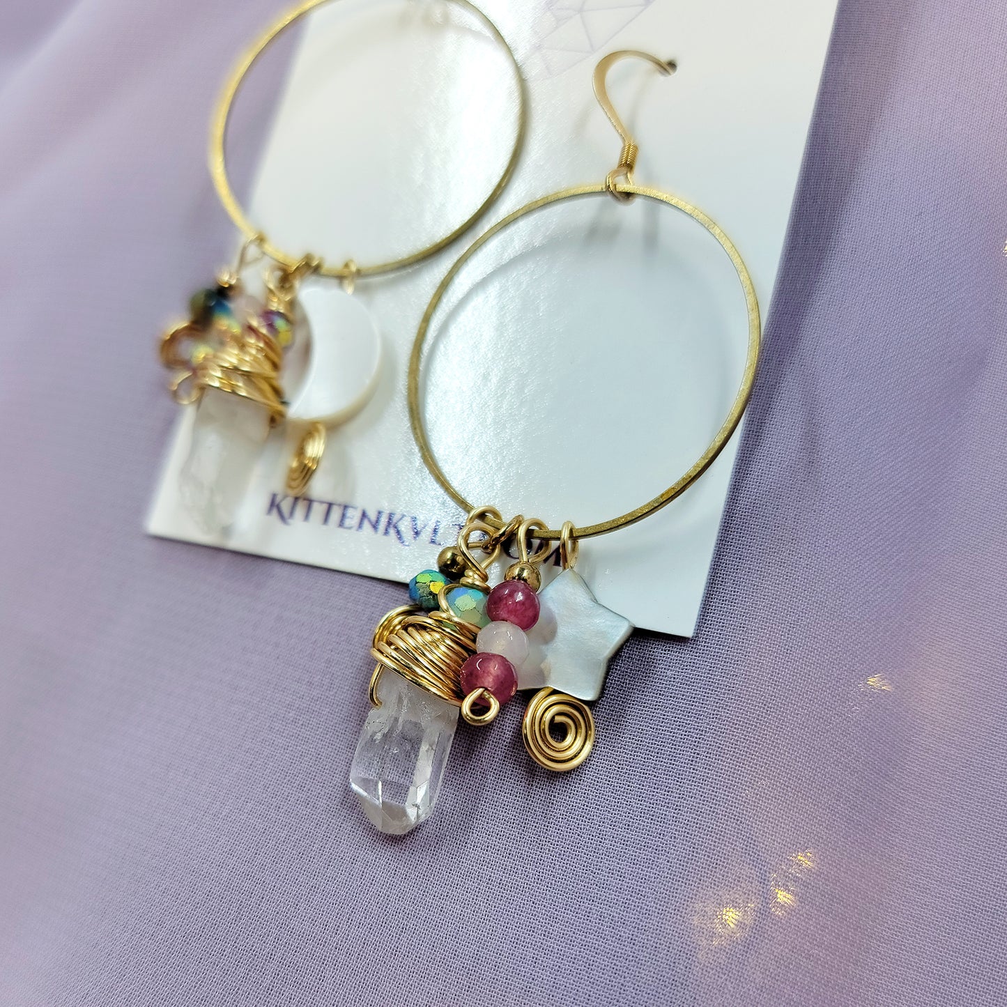Mystical Celestial Quartz Moss Agate & Shell Charm Earrings, Ethereal Fairy Crystal Earrings