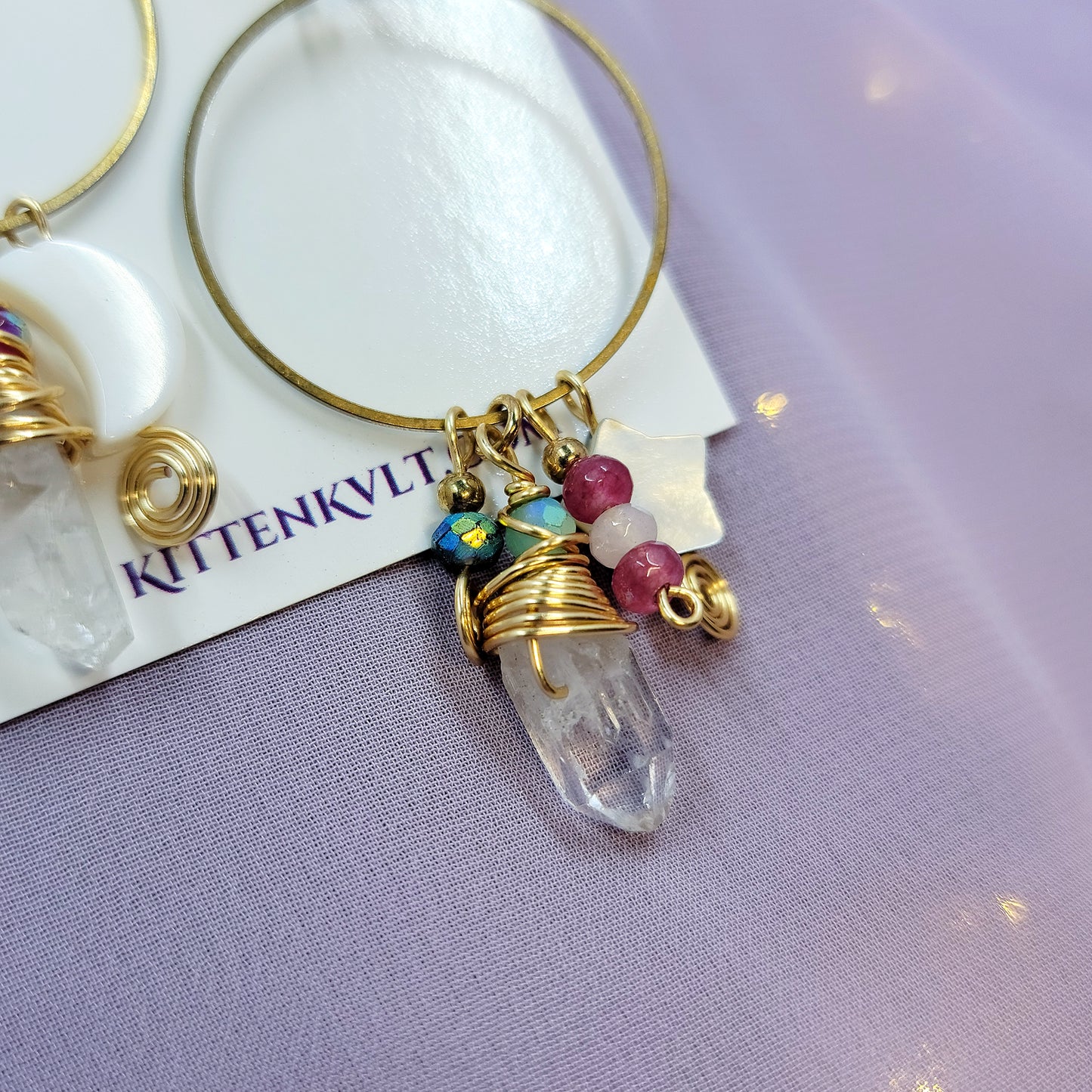 Mystical Celestial Quartz Moss Agate & Shell Charm Earrings, Ethereal Fairy Crystal Earrings
