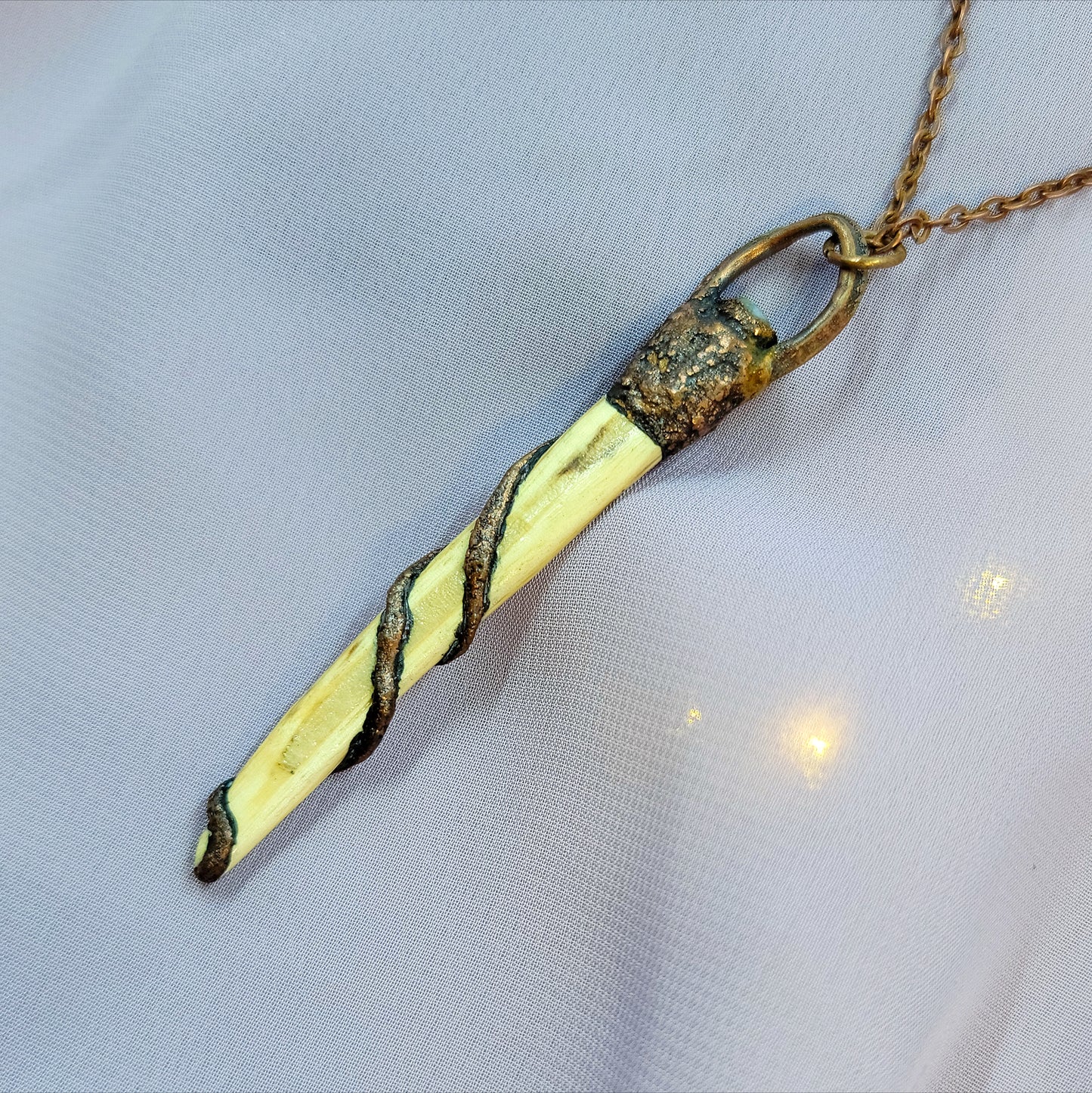 Hand Carved Wood & Moss Agate Jasper Electroformed Copper Dragon Necklace