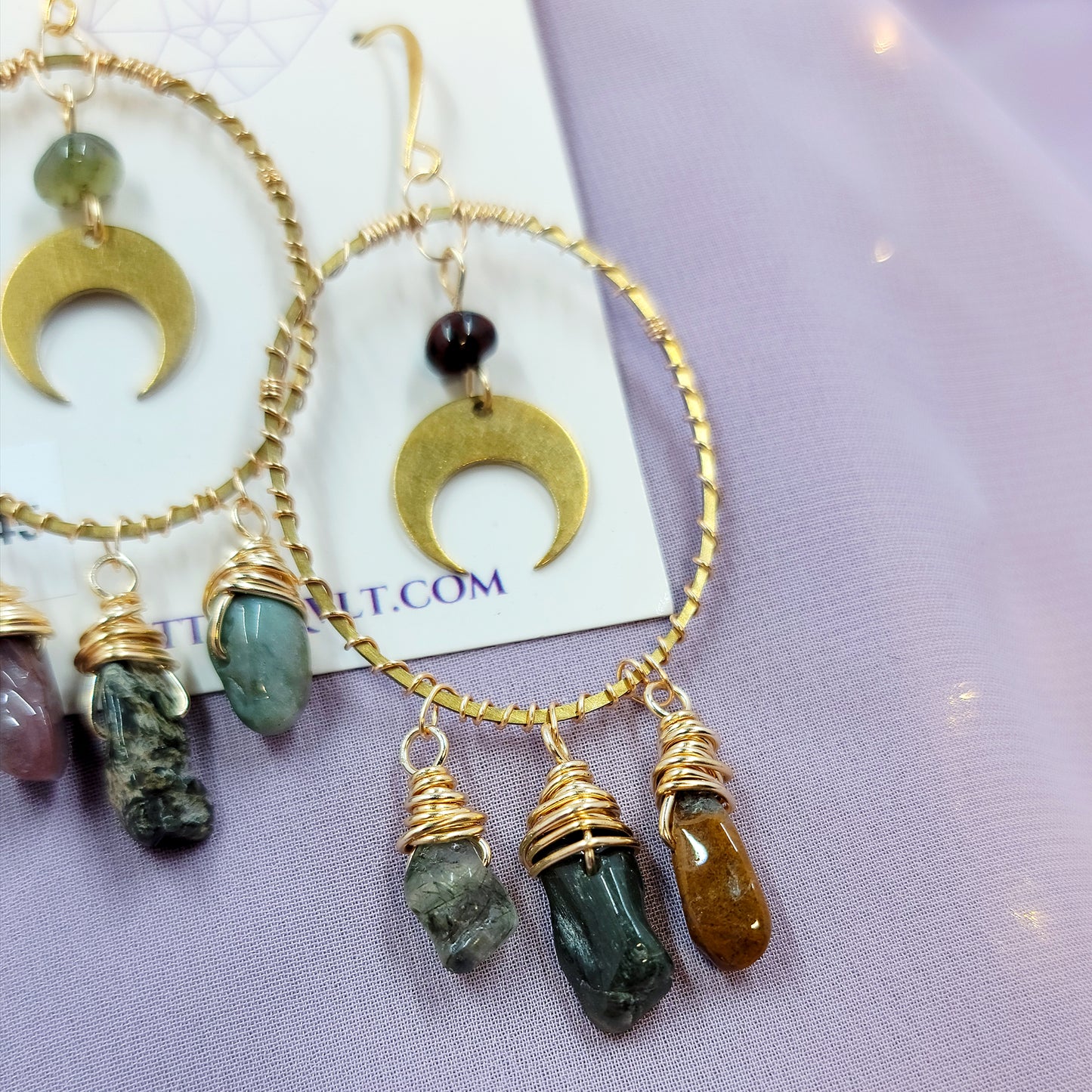 Ocean Jasper Moon Hoop Earrings Hammered Brass