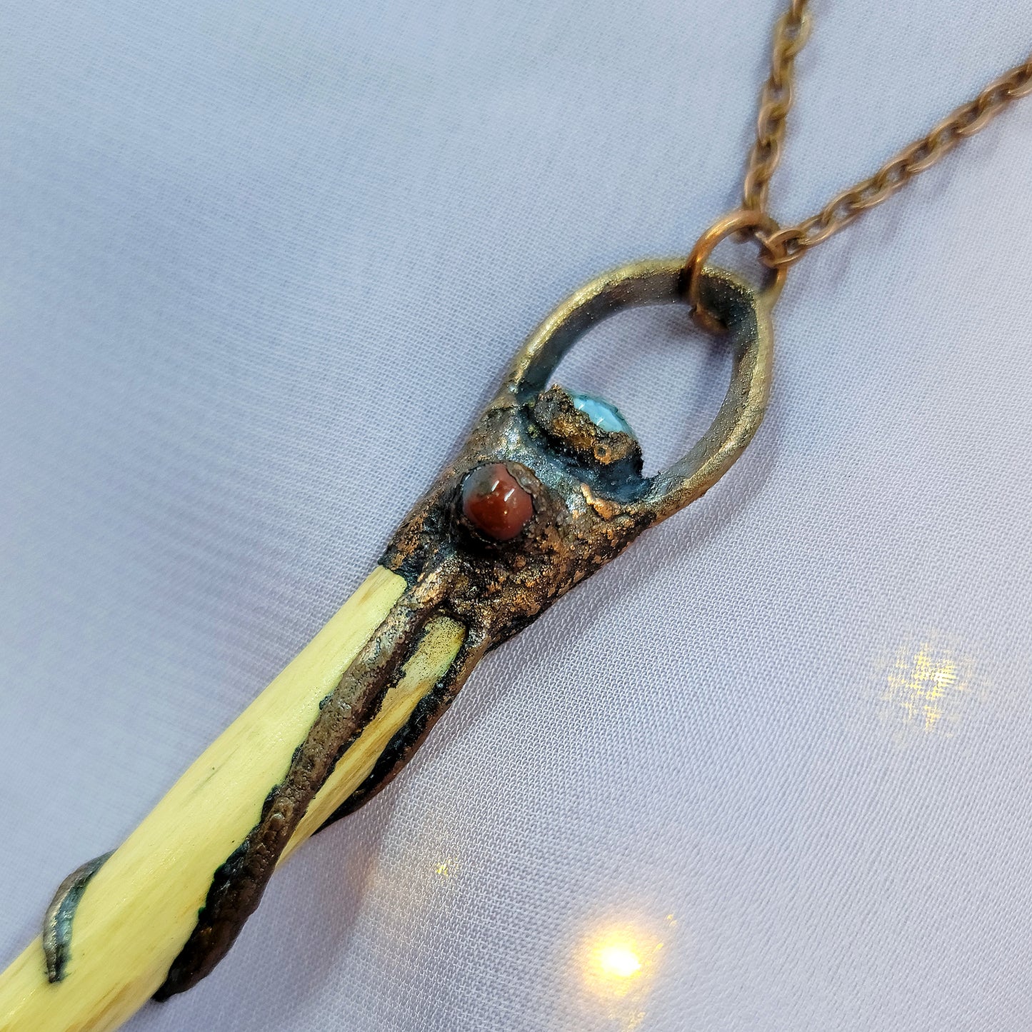 Hand Carved Wood & Moss Agate Jasper Electroformed Copper Dragon Necklace