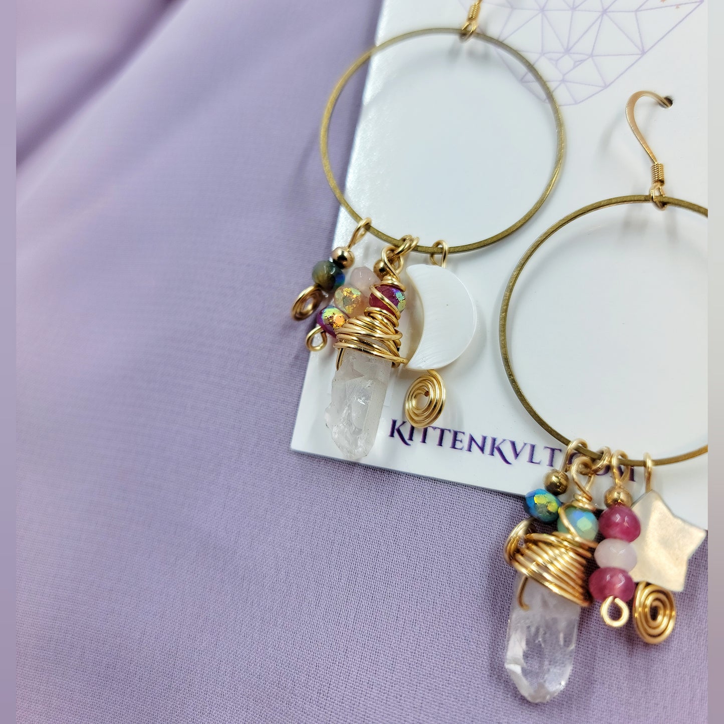 Mystical Celestial Quartz Moss Agate & Shell Charm Earrings, Ethereal Fairy Crystal Earrings