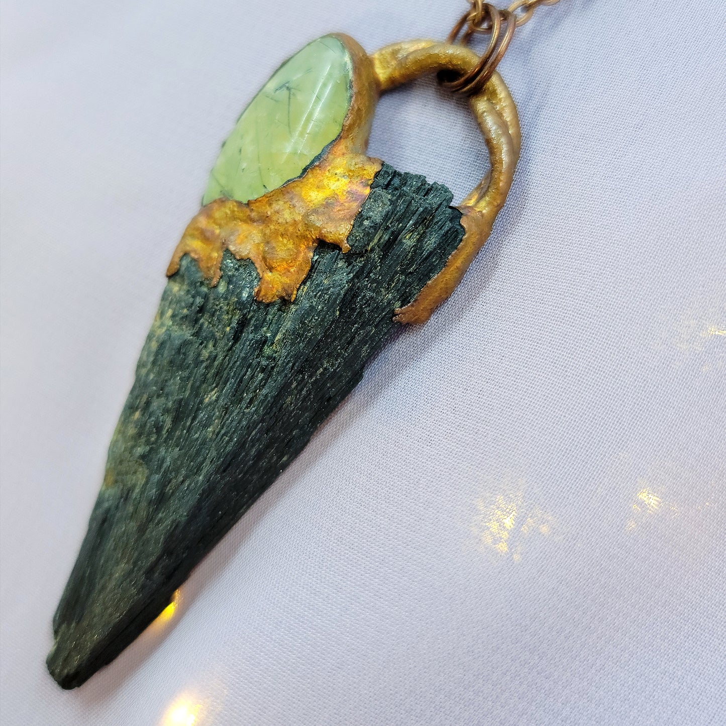 Black Kyanite & Prehnite Raven Electroformed Copper Necklace