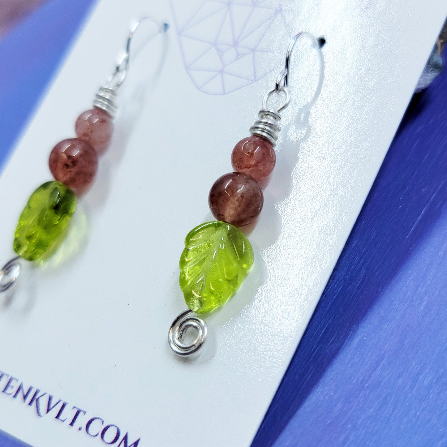 Earthy Fairy Strawberry Quartz Leaf Earrings