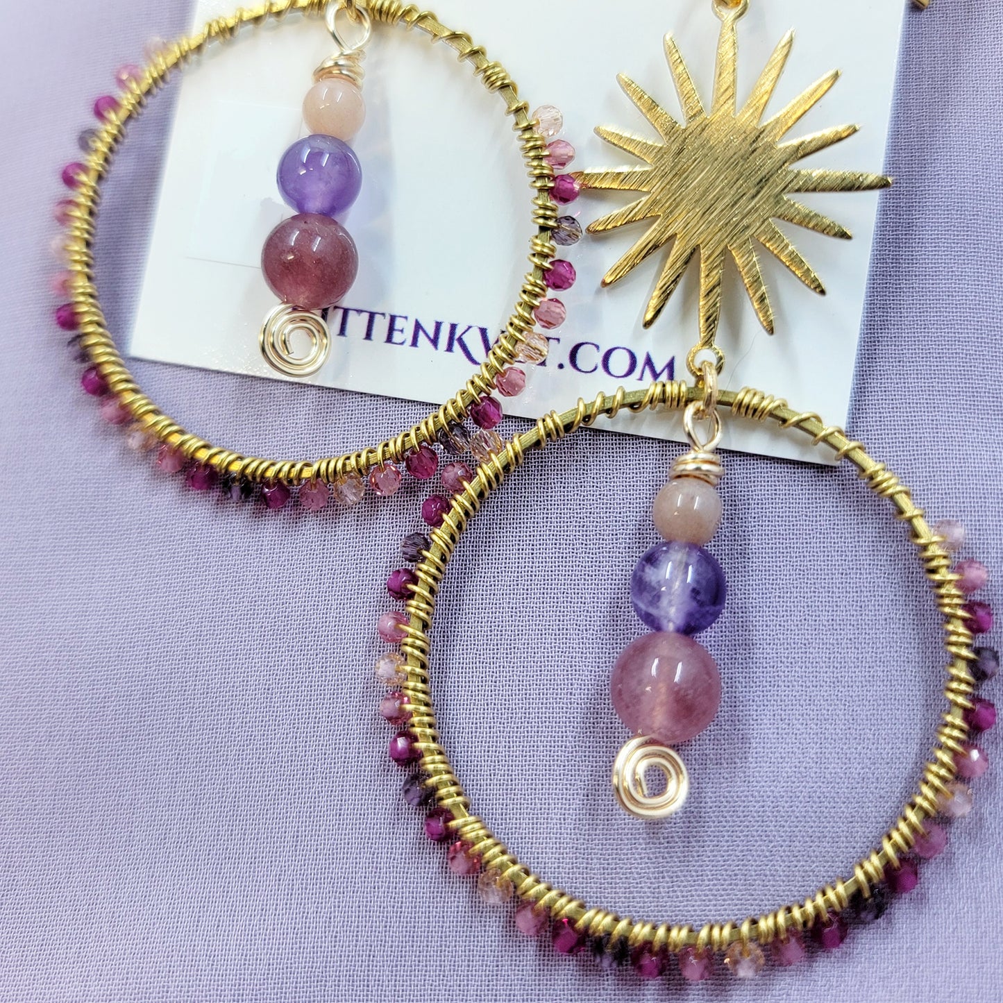 Mystical Celestial Amethyst, Strawberry Quartz, Sunstone Hoop Earrings
