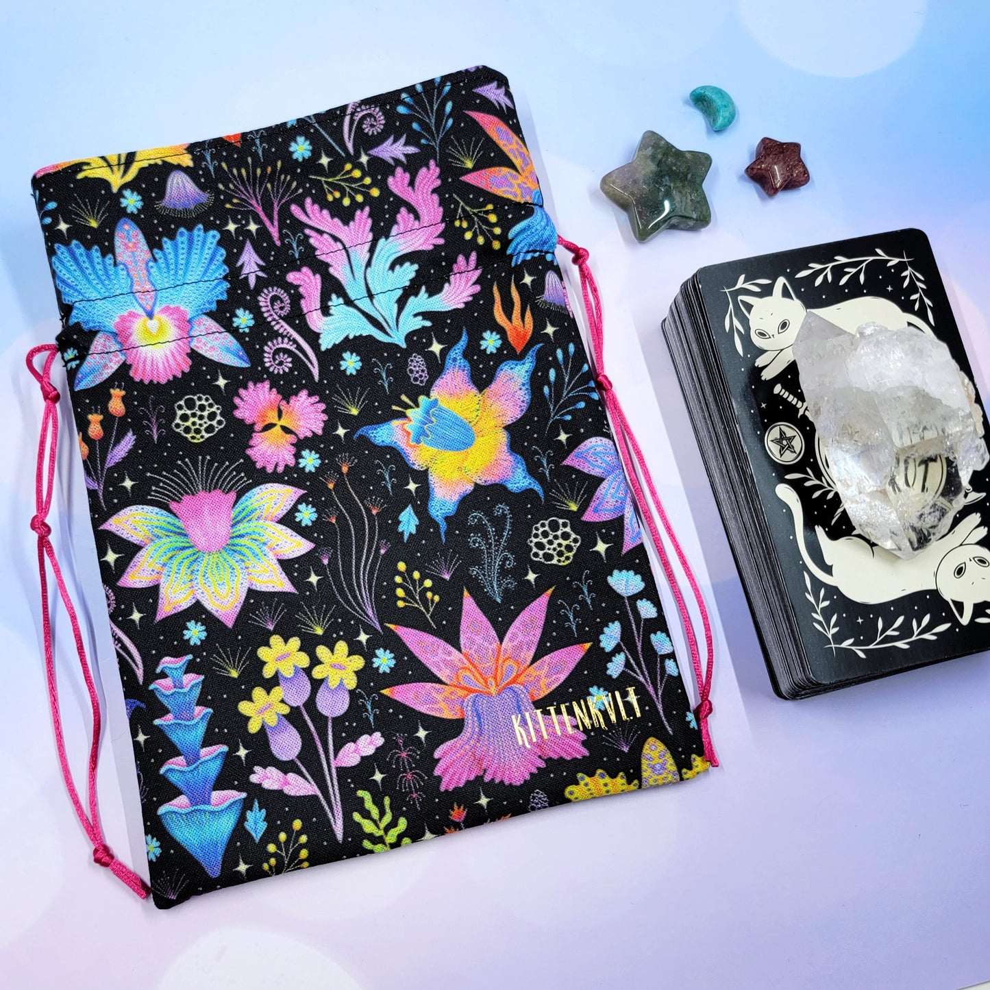 Psychedelic Rainbow Mystical Lotus Orchid Floral Garden Witchy Trinket Pouch