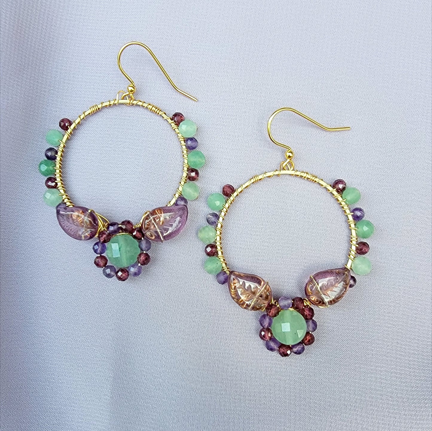 Fairy Amethyst, Green Aventurine & Garnet Flower Garden Earrings