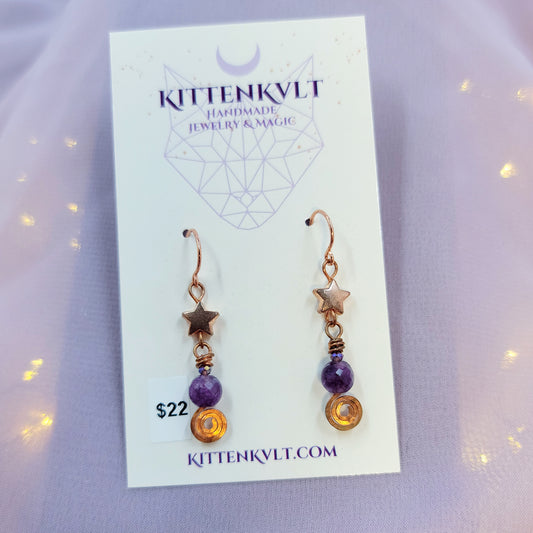 Celestial Witchy Amethyst Earrings, Copper Crystal Dainty Ethereal Fairy Amethyst Earrings
