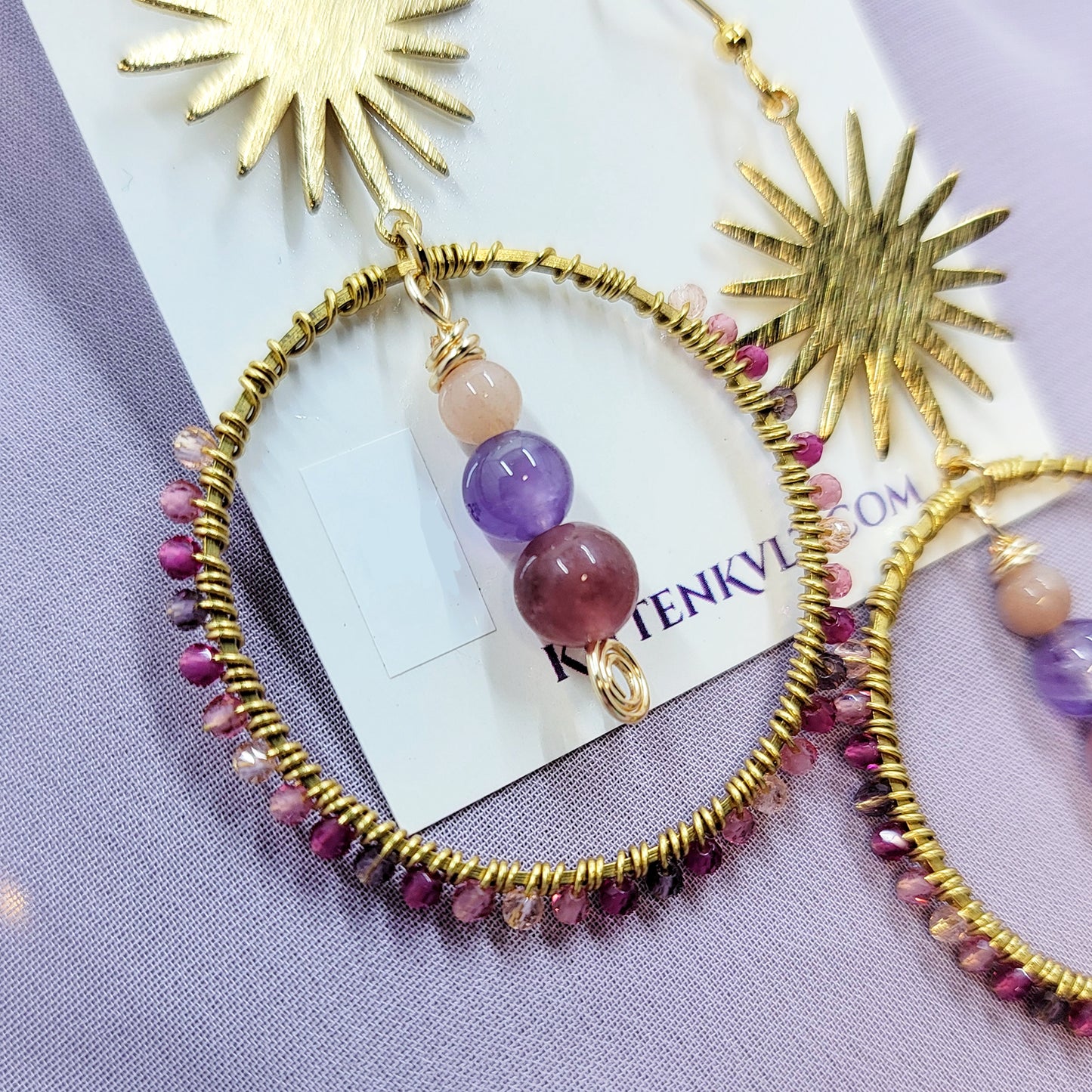 Mystical Celestial Amethyst, Strawberry Quartz, Sunstone Hoop Earrings