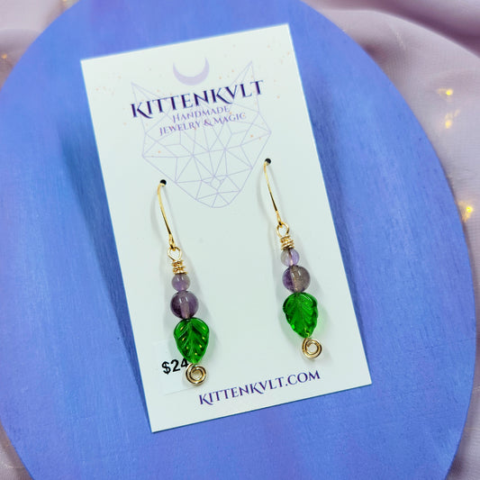 Earthy Fairy Amethyst Leaf Earrings