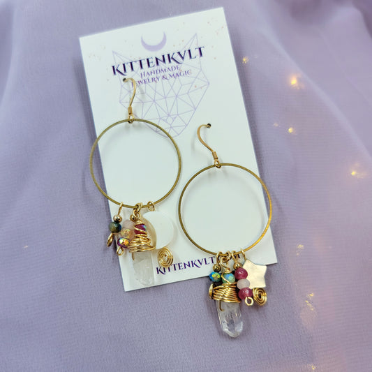 Mystical Celestial Quartz Moss Agate & Shell Charm Earrings, Ethereal Fairy Crystal Earrings