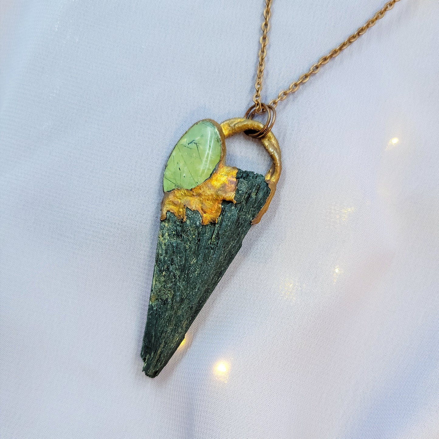 Black Kyanite & Prehnite Raven Electroformed Copper Necklace
