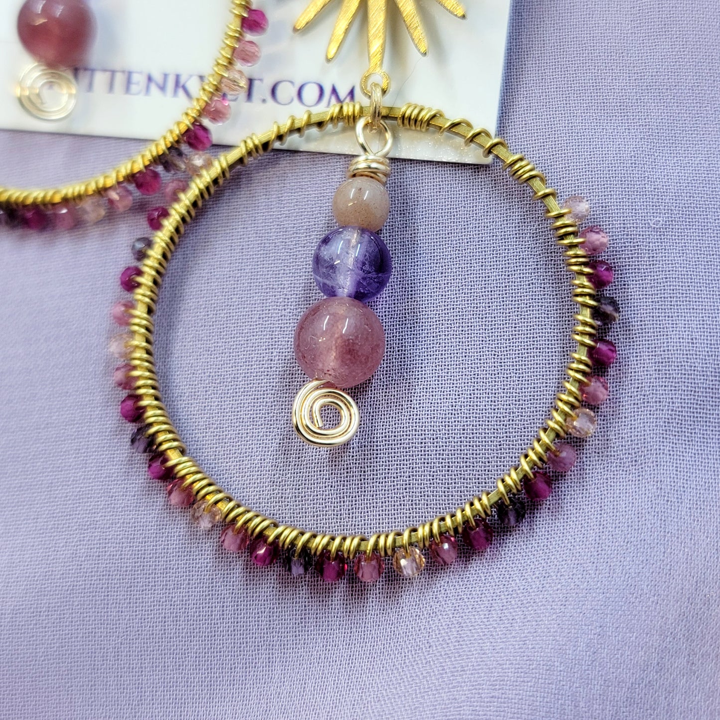 Mystical Celestial Amethyst, Strawberry Quartz, Sunstone Hoop Earrings