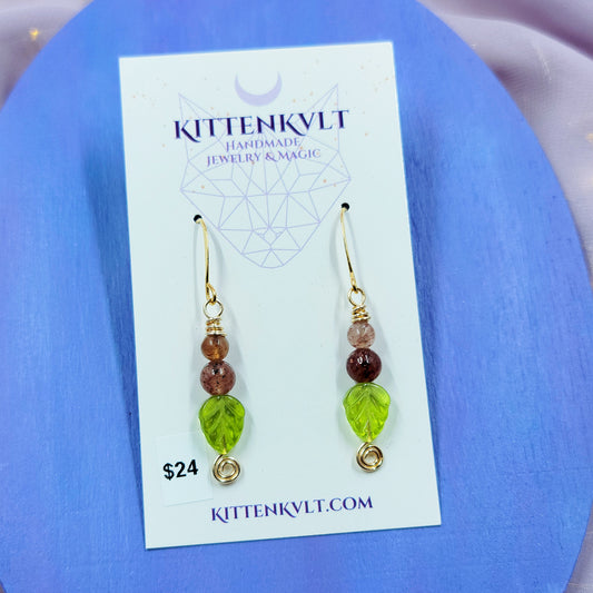 Earthy Fairy Strawberry Quartz Leaf Earrings