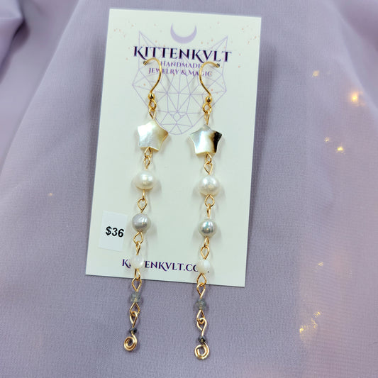 Ethereal Pearl, Labradorite & Mother of Pearl Shell Star Iridescent Earrings