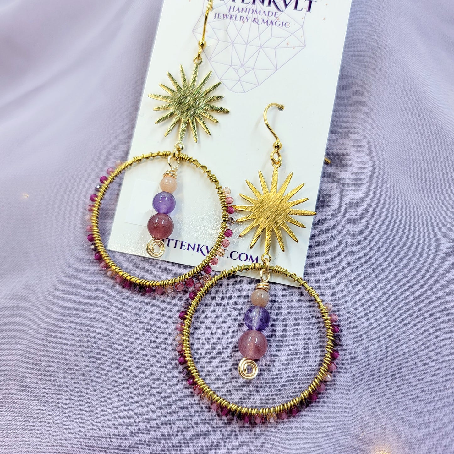 Mystical Celestial Amethyst, Strawberry Quartz, Sunstone Hoop Earrings