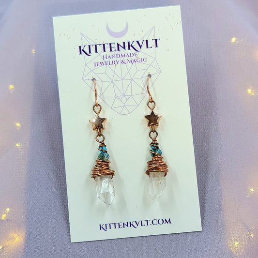 Celestial Witchy Quartz Star Earrings, Copper Crystal Dainty Ethereal Fairy Space Witch Earrings