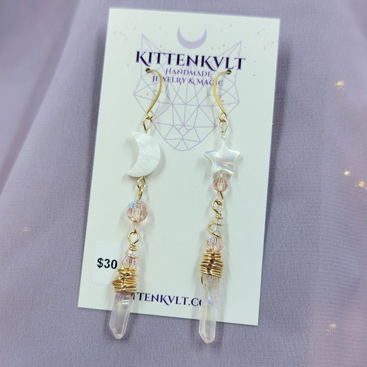 Pink Aura Quartz Celestial Shell Earrings