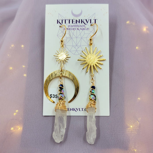 Ethereal Quartz Celestial Rainbow Moon Star Earrings