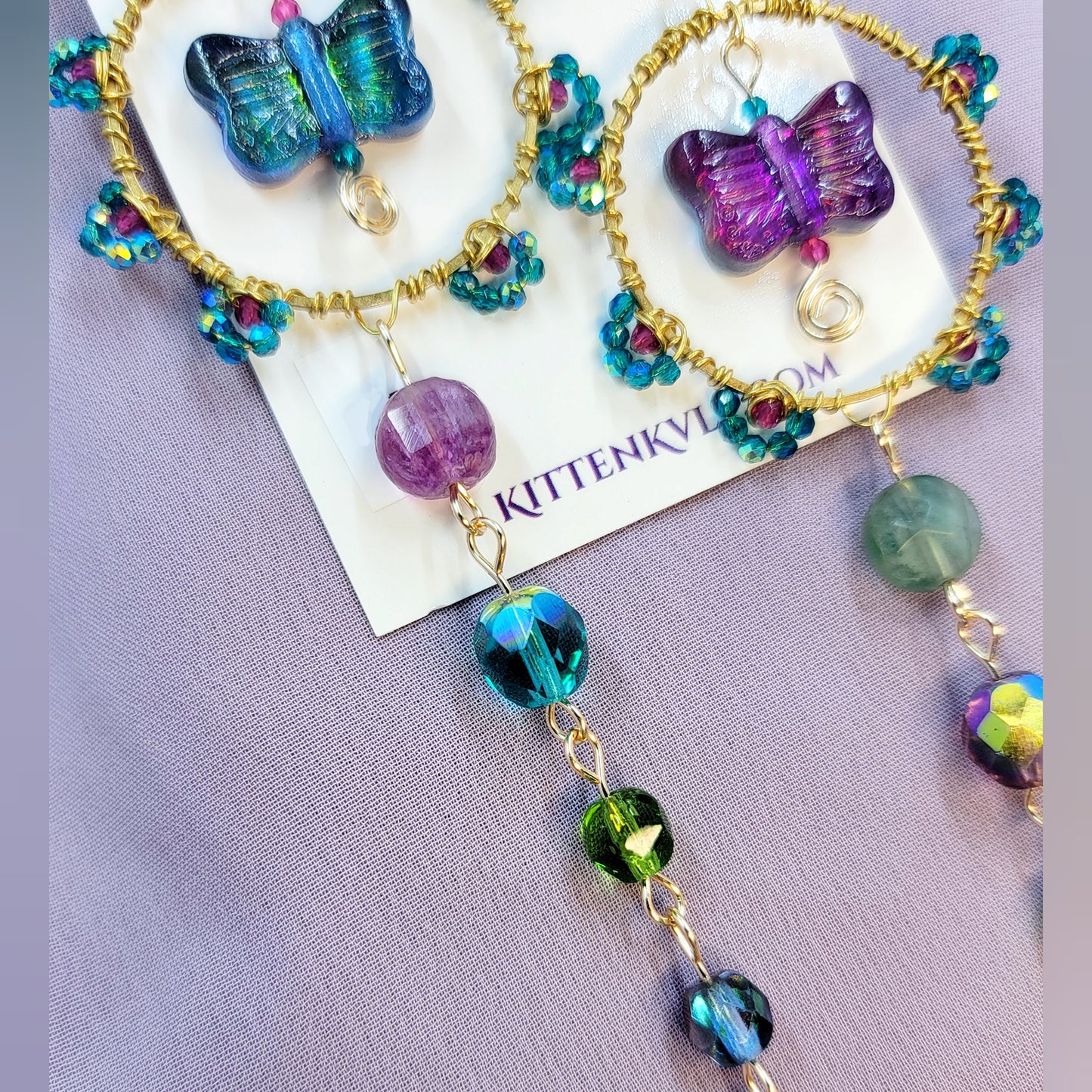 Mystical Rainbow Fluorite & Czech Glass Butterfly Sun Catcher Earrings