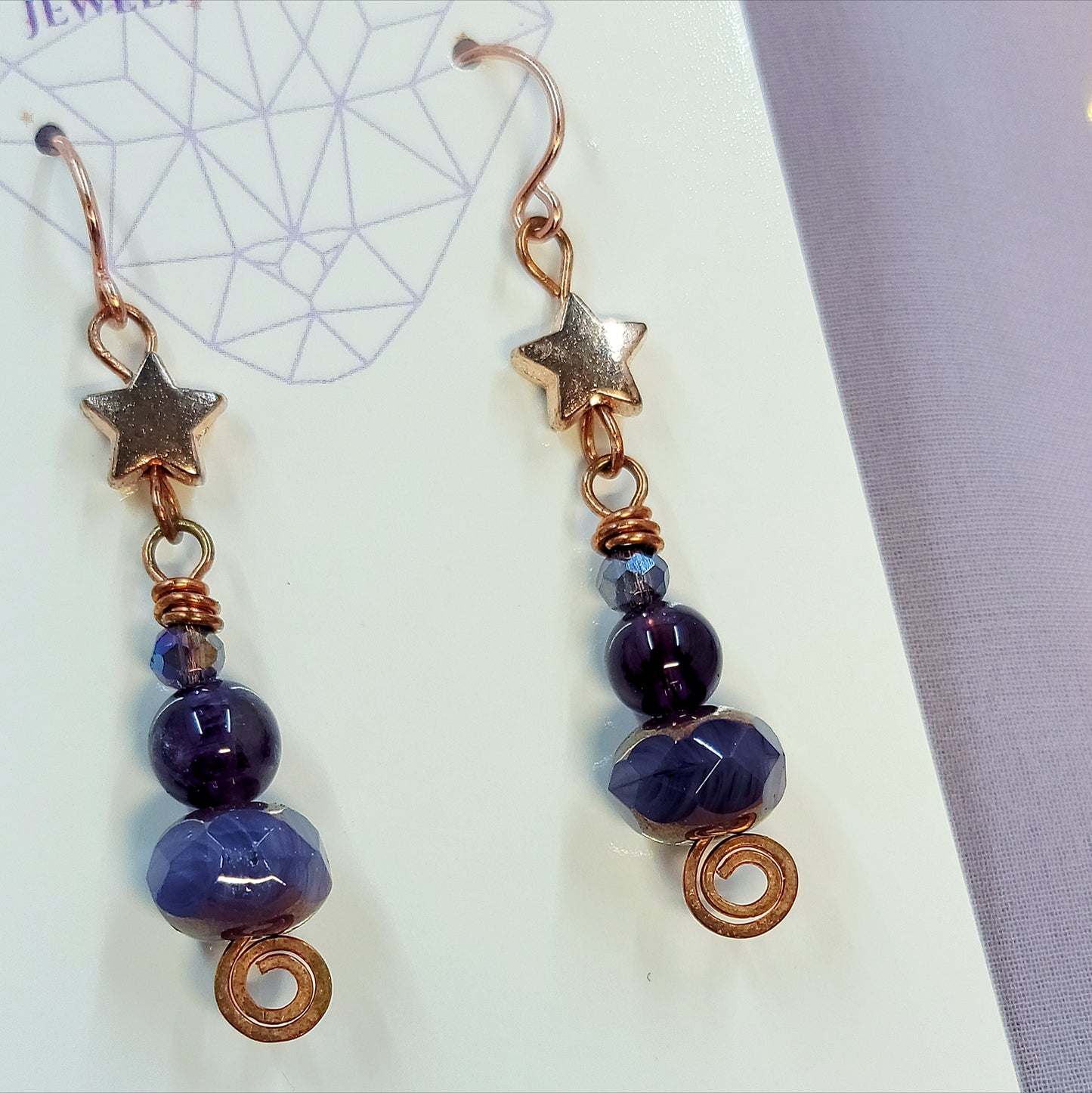 Celestial Witchy Amethyst Star Earrings, Copper Crystal Ethereal Fairy Dark Witch Amethyst Earrings